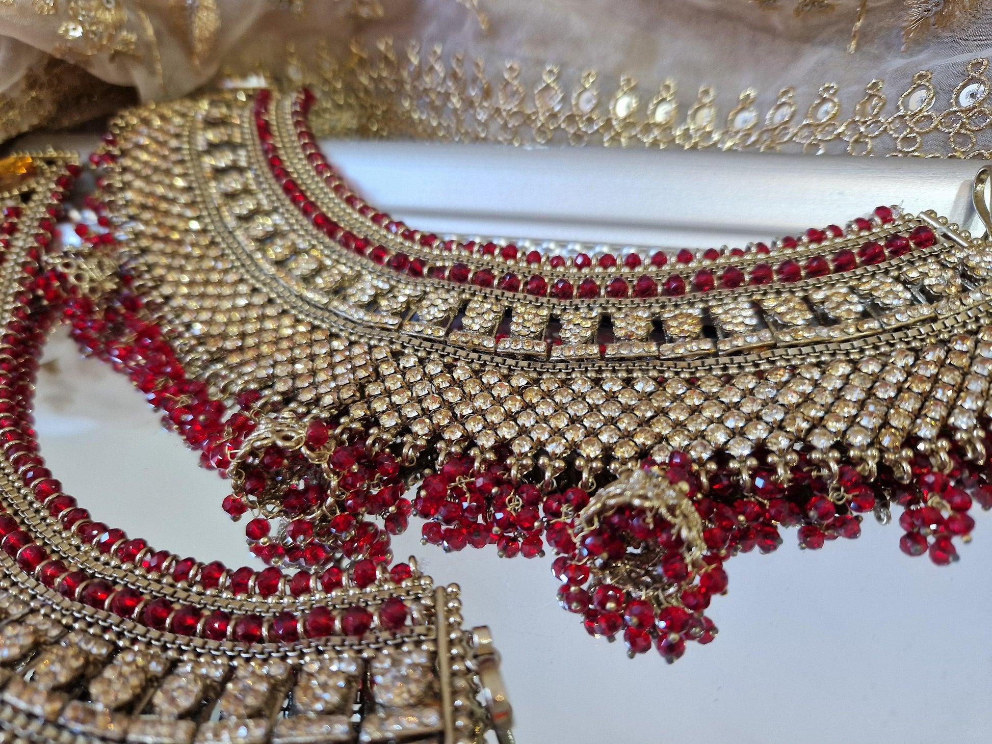 Nims Boutique Royal Shaadi Antique Gold & Red & Gold Stone Anklets slight fault