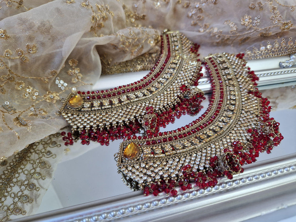 Nims Boutique Royal Shaadi Antique Gold & Red & Gold Stone Anklets slight fault