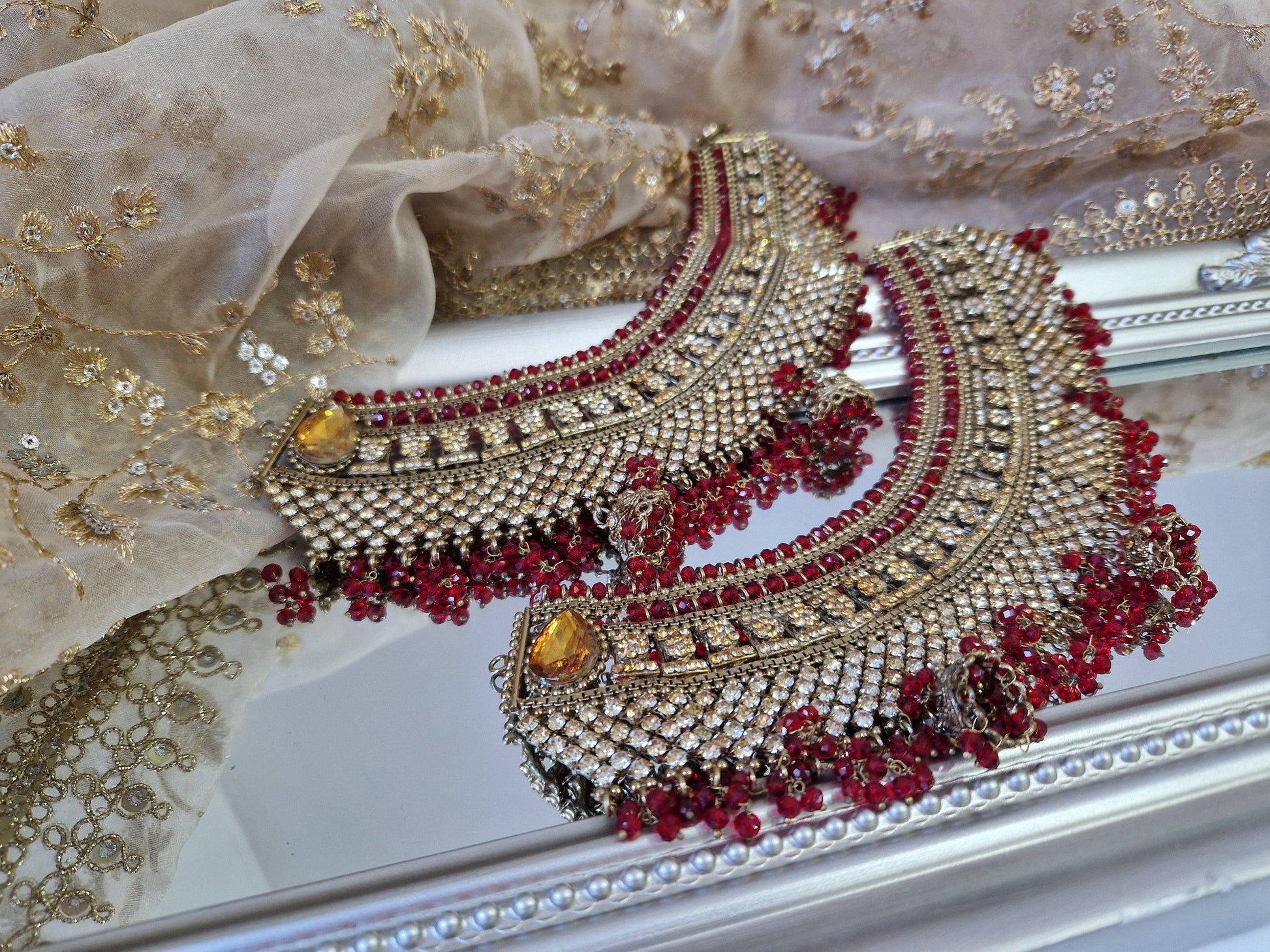 Nims Boutique Royal Shaadi Antique Gold & Red & Gold Stone Anklets slight fault