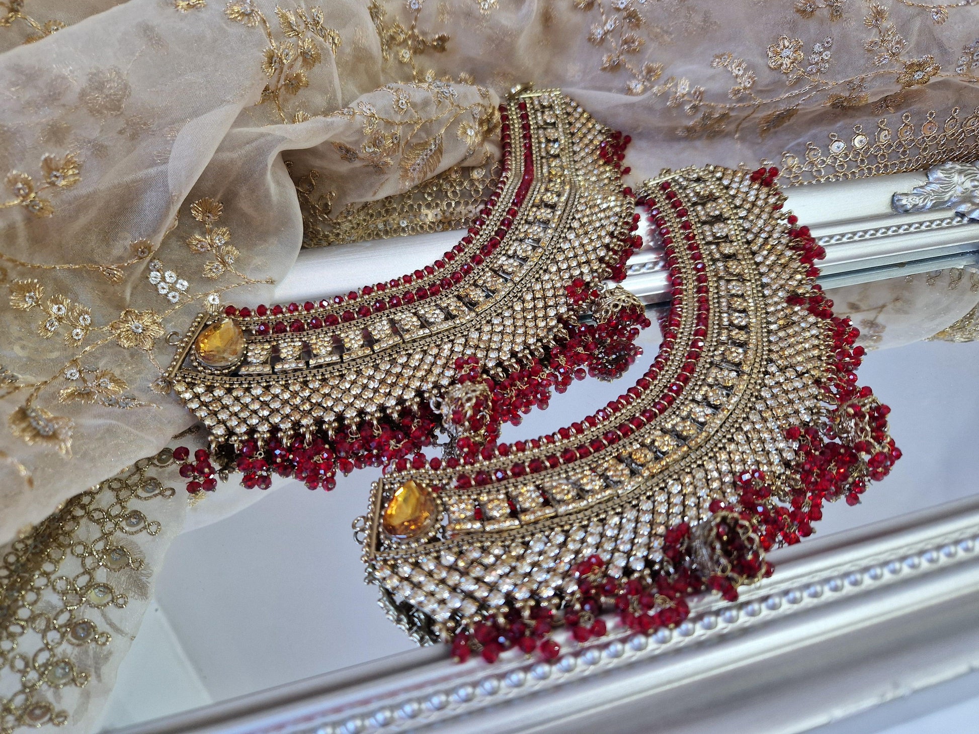Nims Boutique Royal Shaadi Antique Gold & Red & Gold Stone Anklets slight fault