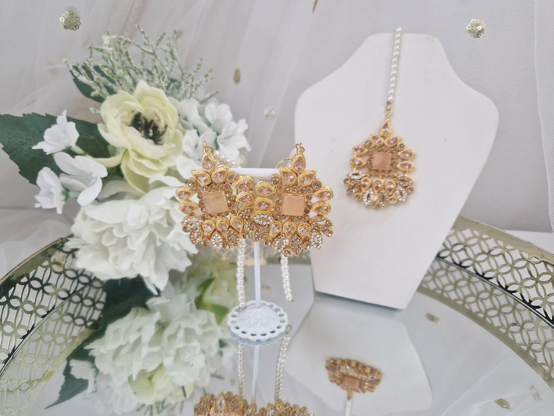 Nims Boutique Sita Gold & Peach Earrings & Tikka set