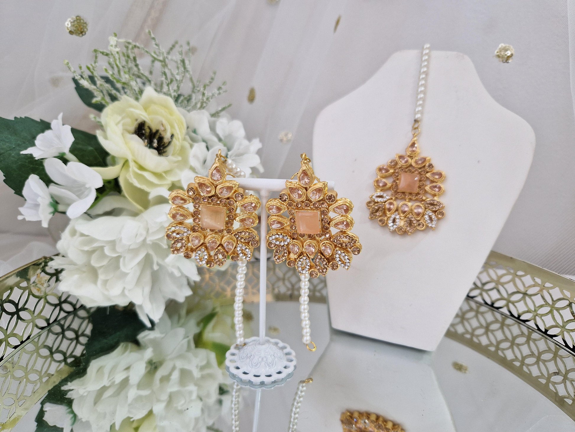 Nims Boutique Sita Gold & Peach Earrings & Tikka set