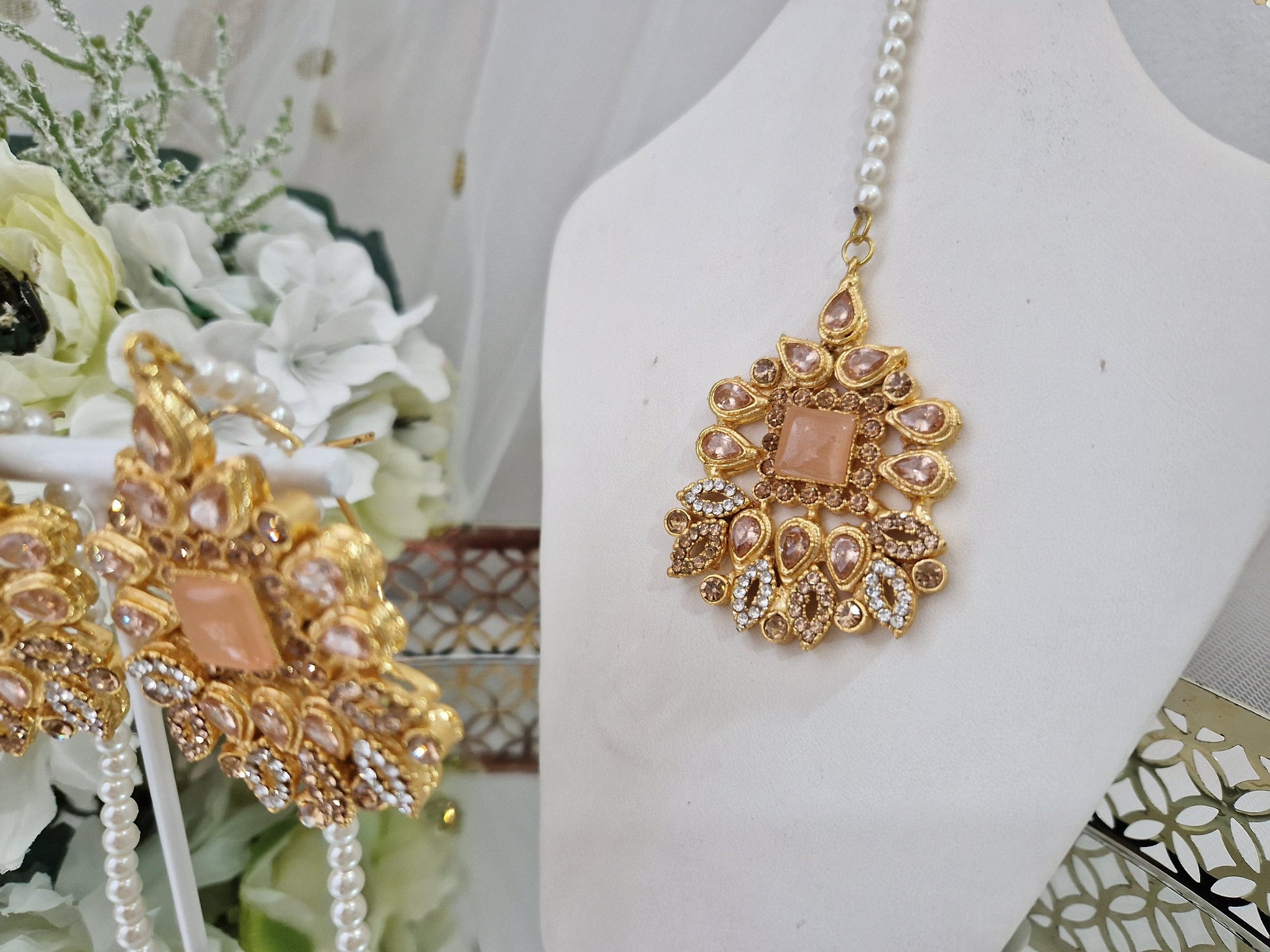 Nims Boutique Sita Gold & Peach Earrings & Tikka set