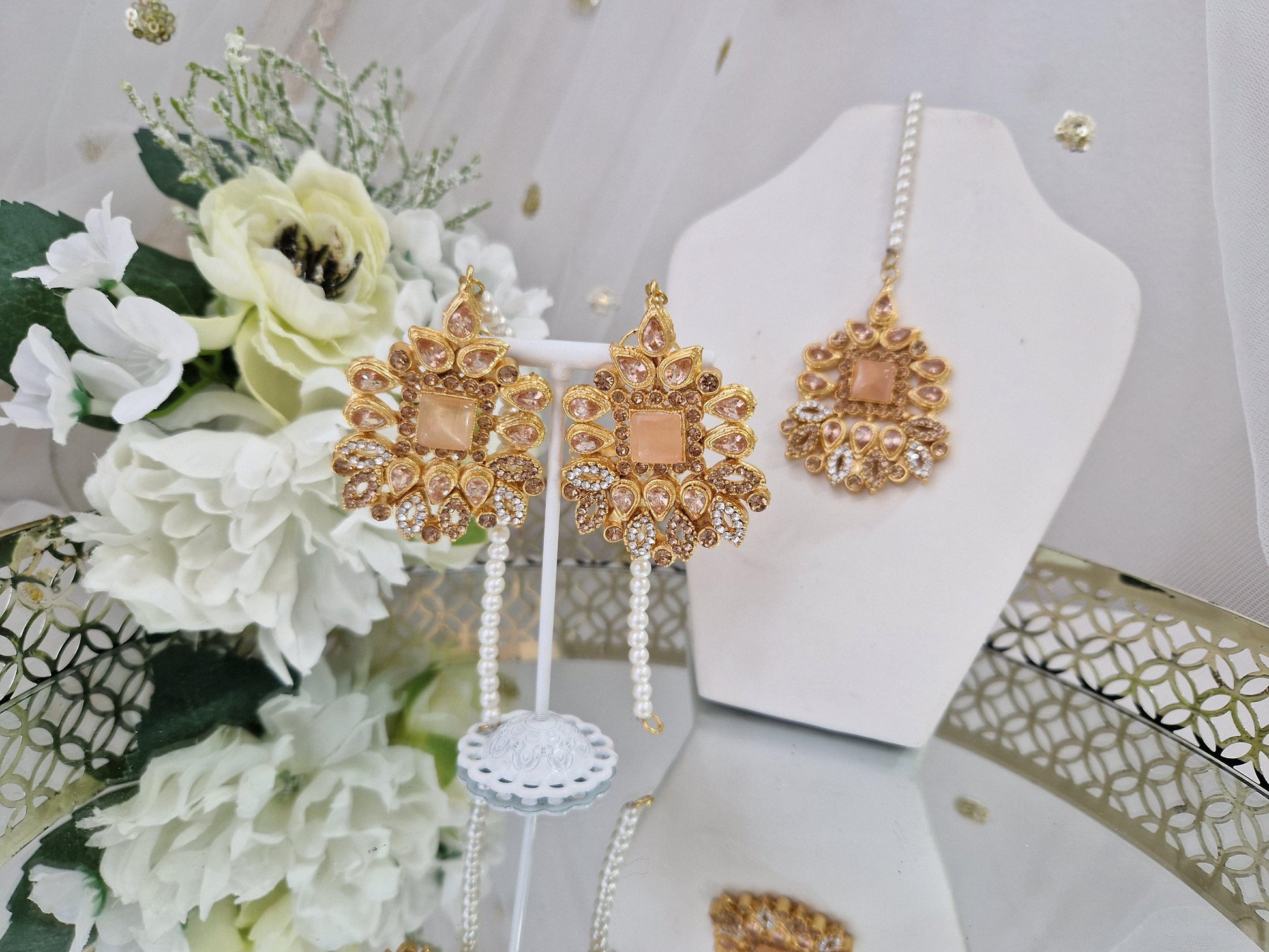 Nims Boutique Sita Gold & Peach Earrings & Tikka set