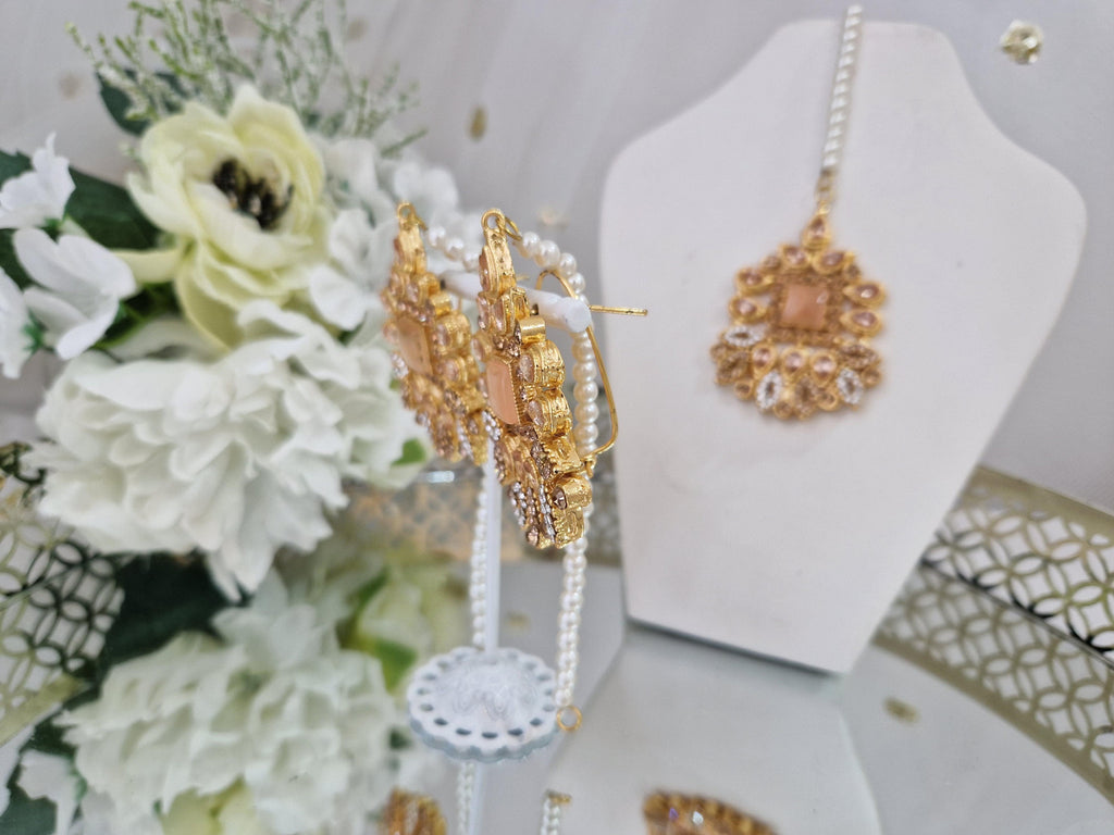 Nims Boutique Sita Gold & Peach Earrings & Tikka set