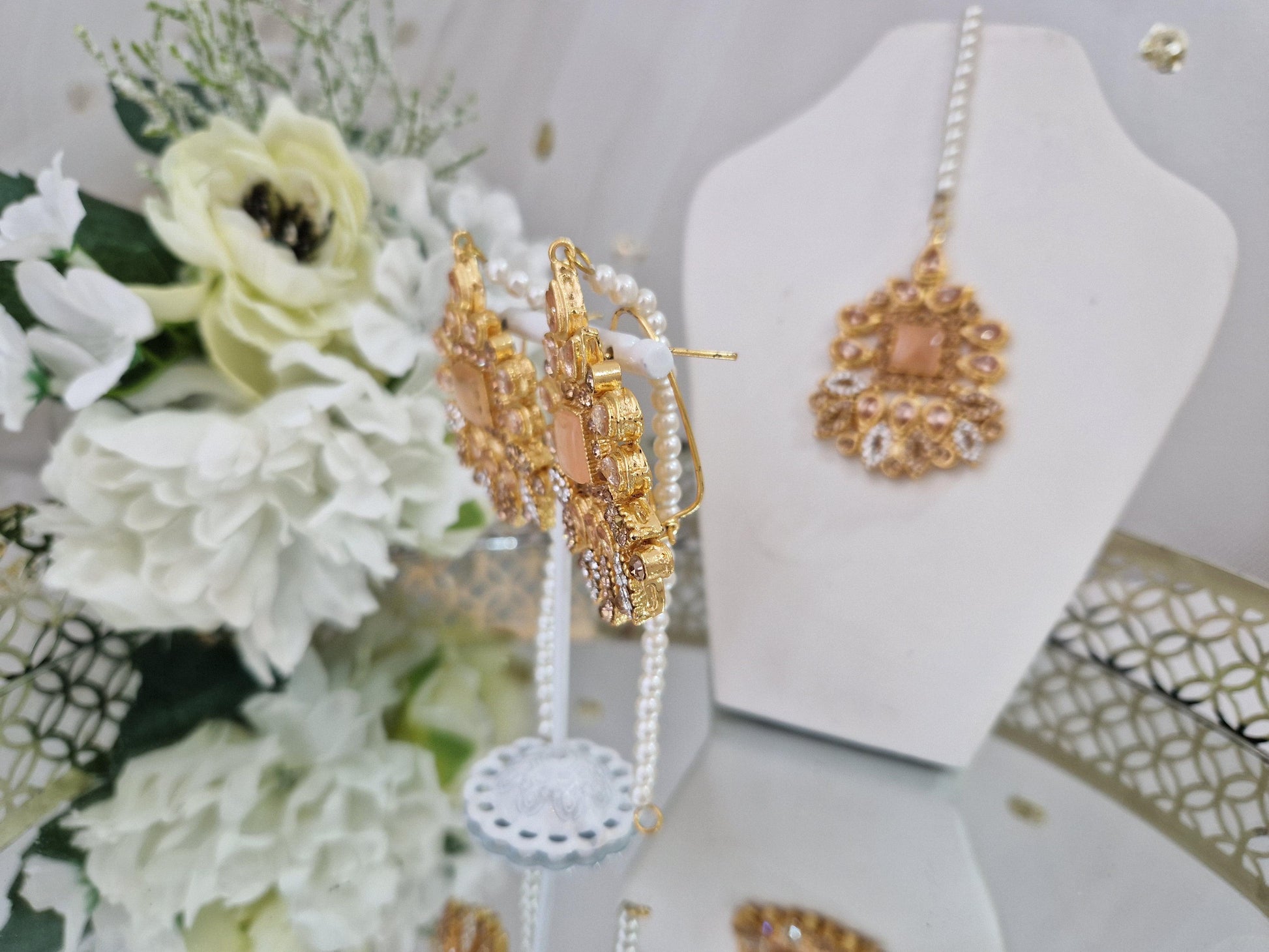 Nims Boutique Sita Gold & Peach Earrings & Tikka set