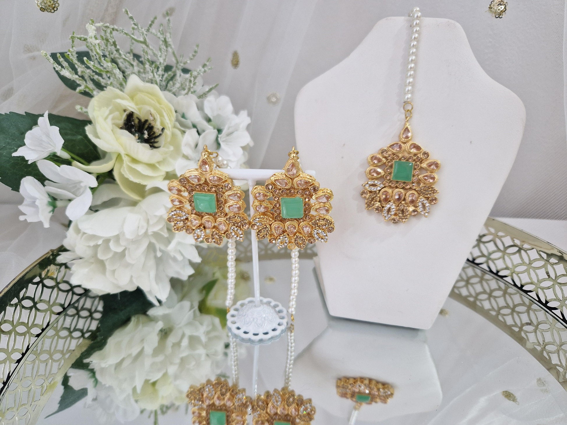Nims Boutique Sita Gold & Mint Green Earrings & Tikka set