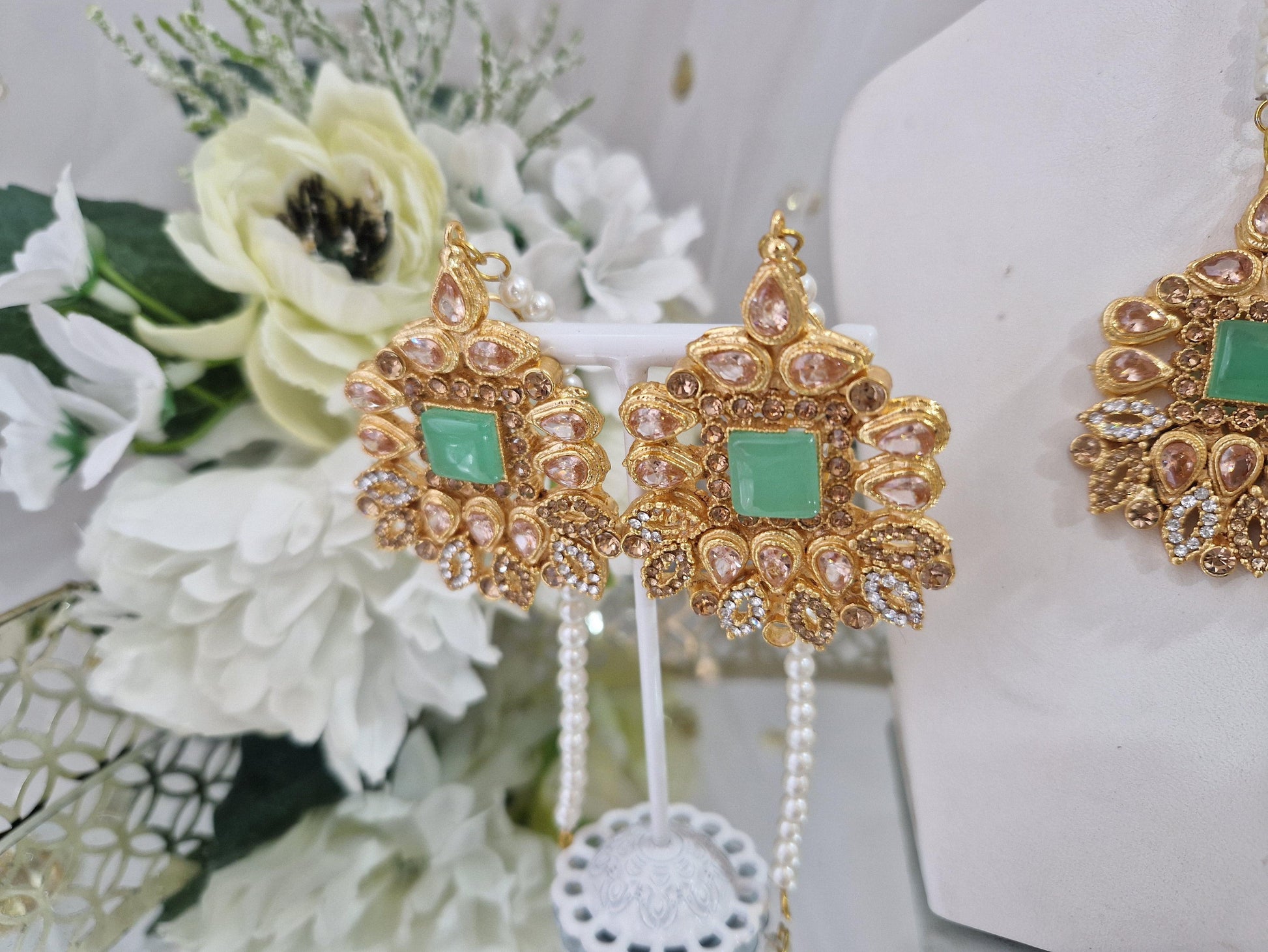 Nims Boutique Sita Gold & Mint Green Earrings & Tikka set