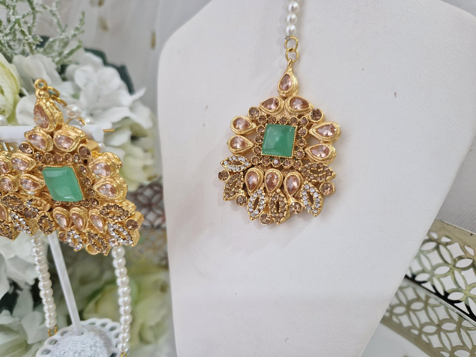 Nims Boutique Sita Gold & Mint Green Earrings & Tikka set