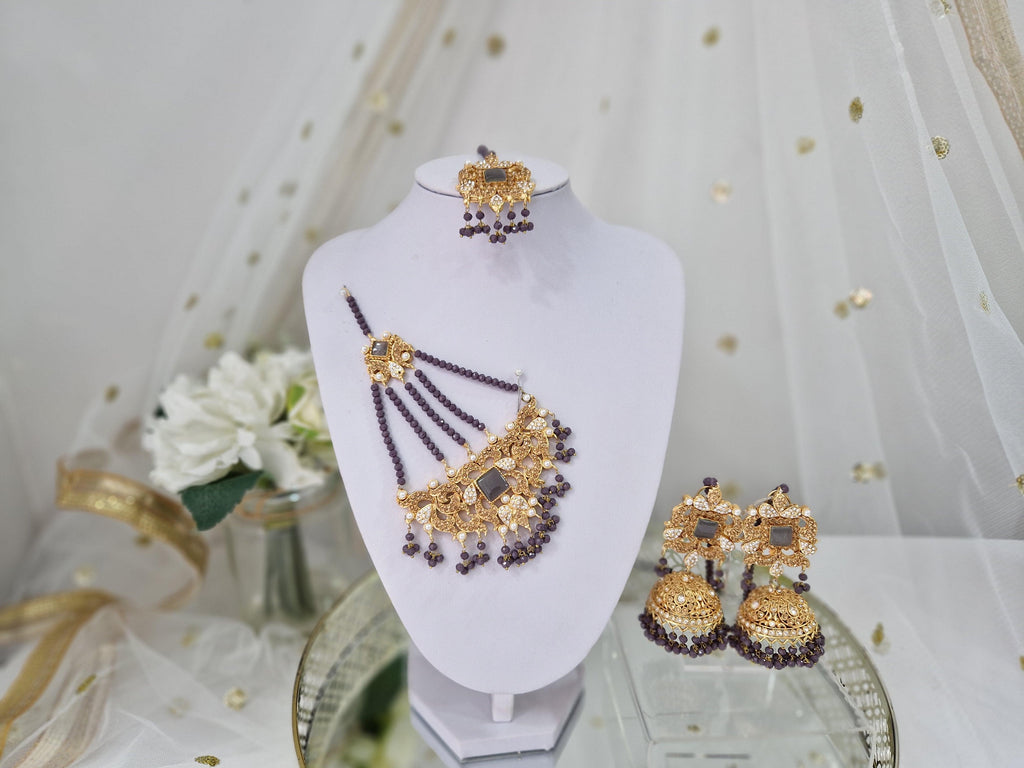 Nims Boutique Ridhi Dark Grey Earrings, Tikka & Passa Set