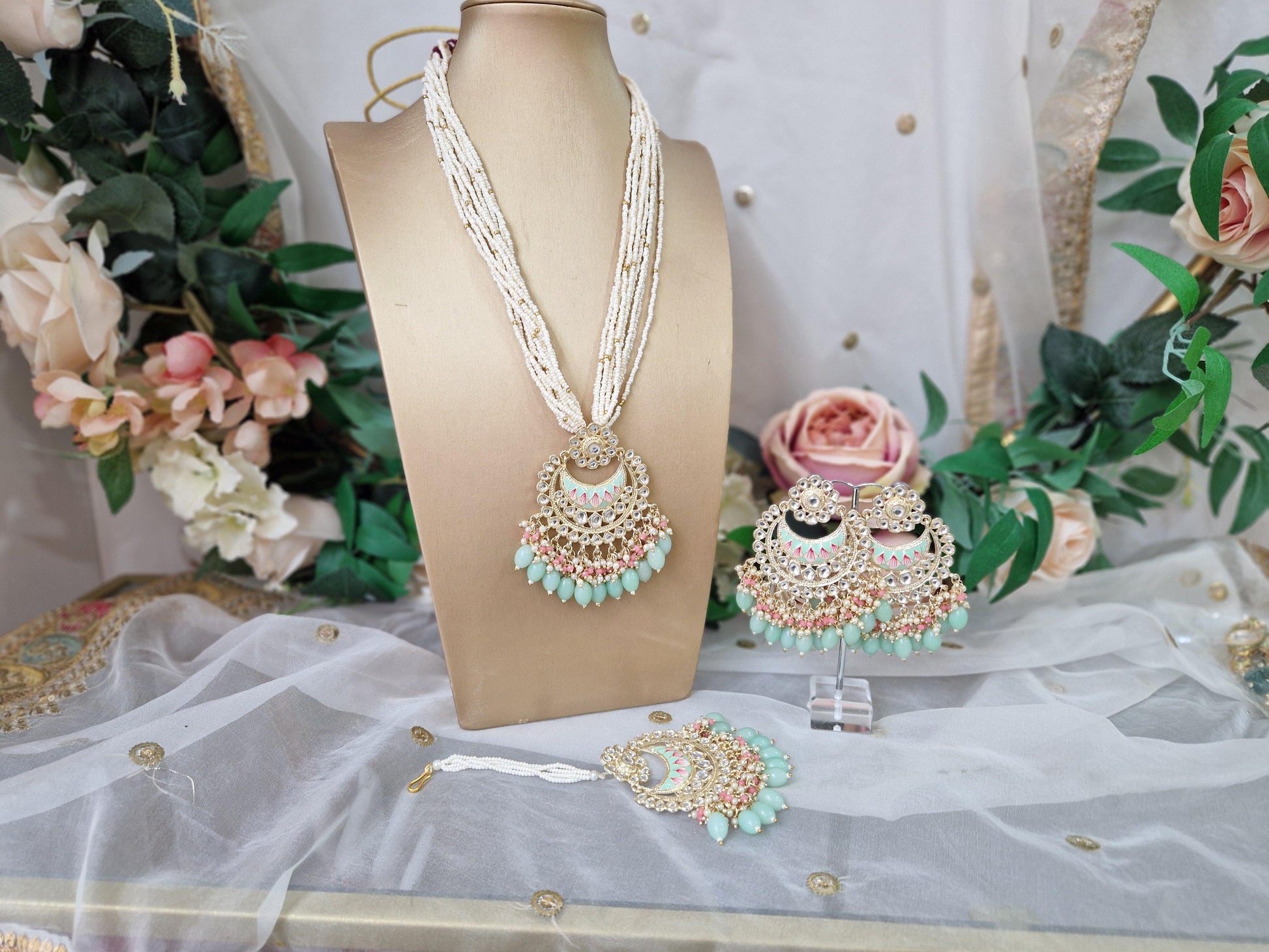 Nims Boutique Sana Pearl Mint & Pink Haar Set