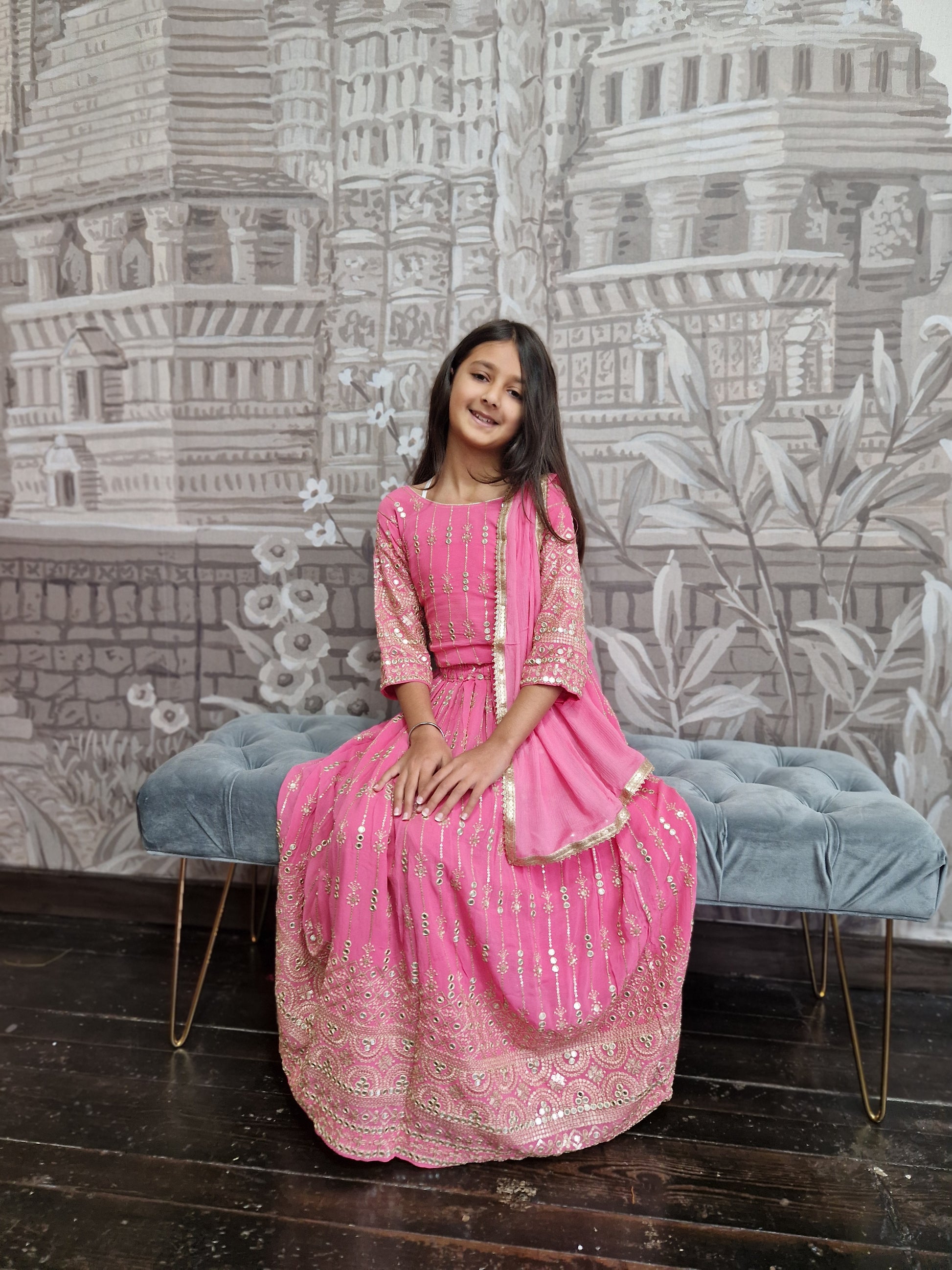 Pink Embroidered Kids Lehnga