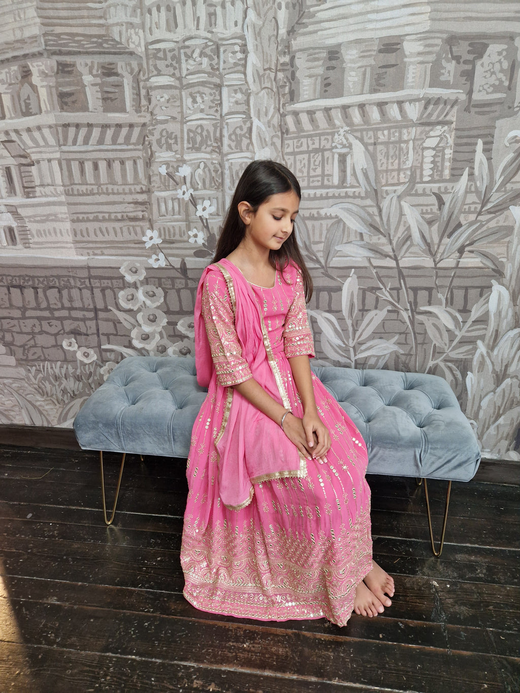 Pink Embroidered Kids Lehnga