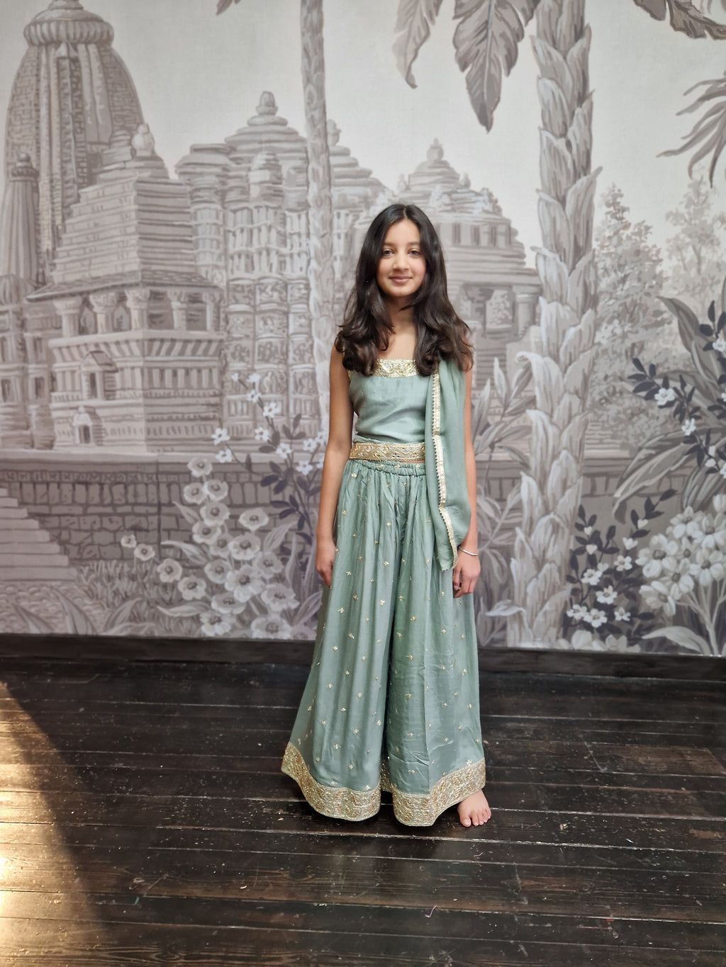 Sage Green Sequin Kids Trouser Suit