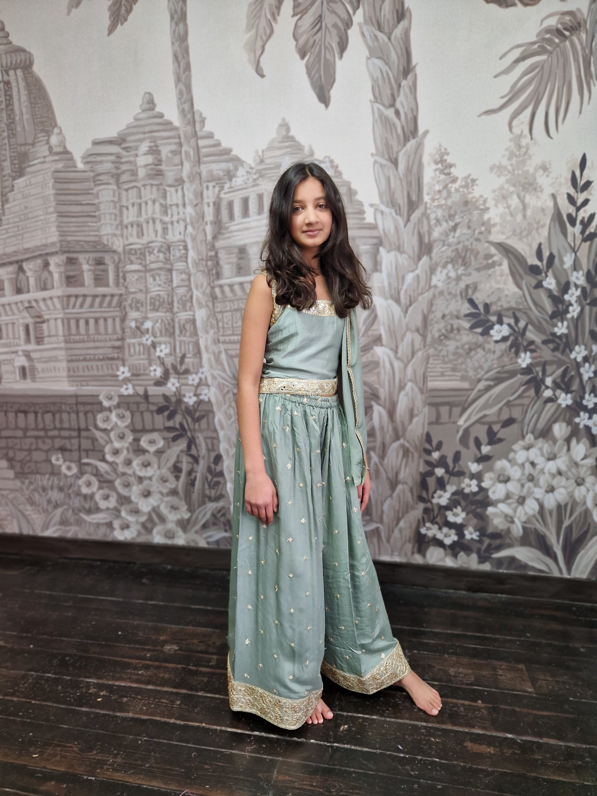 Sage Green Sequin Kids Trouser Suit