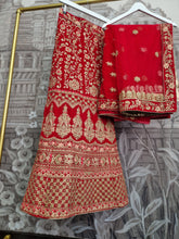 Semi Stitched Red Velvet & Peach Bridal Lehnga