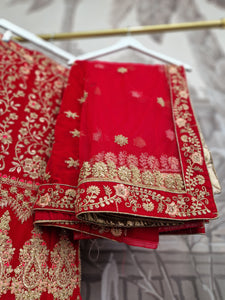 Semi Stitched Red Velvet & Peach Bridal Lehnga