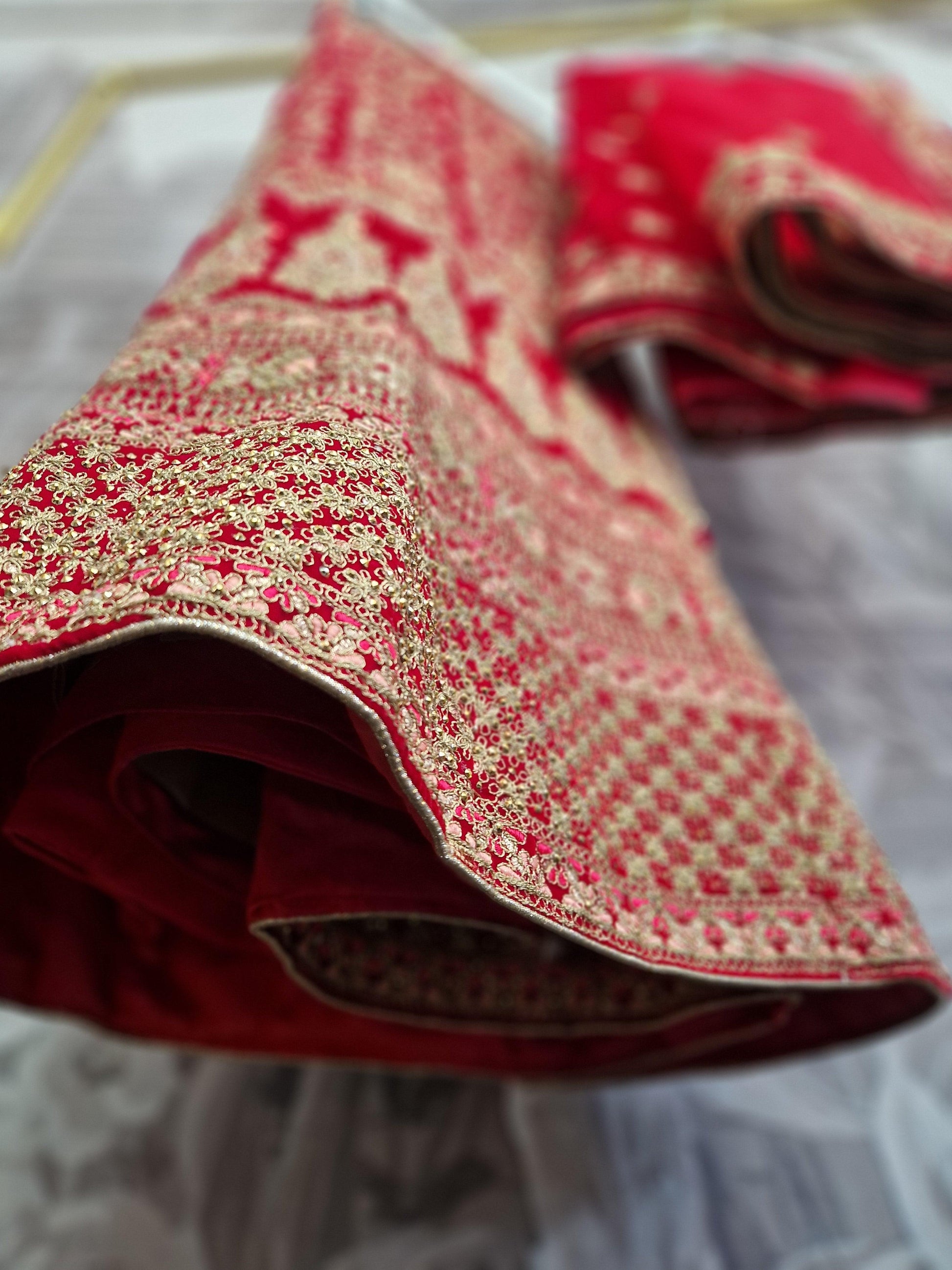 Nims Boutique Semi Stitched Red Velvet & Peach Bridal Lehnga