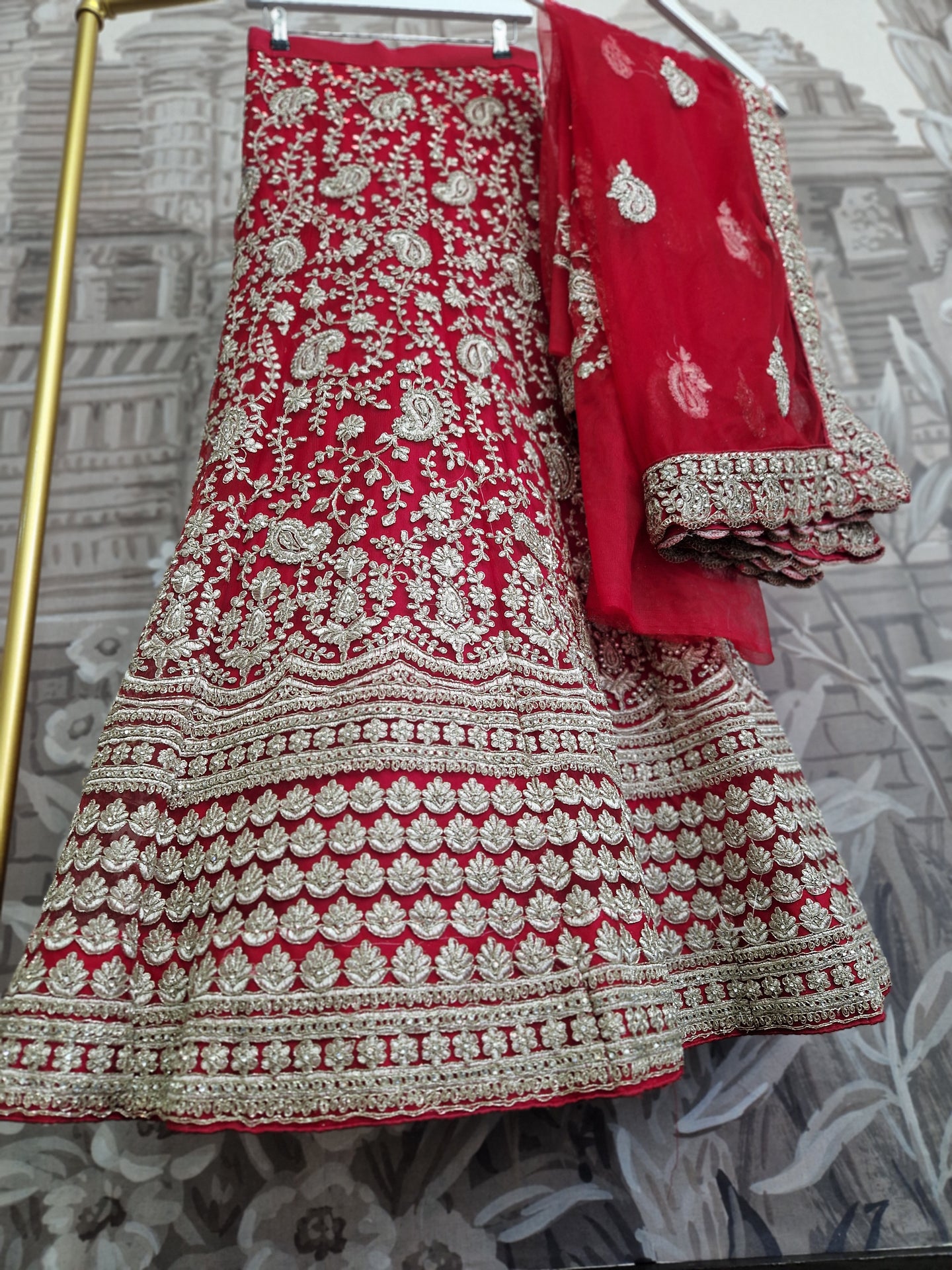 Semi Stitched Red & Light Gold Bridal Lehnga