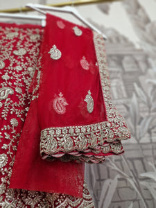 Semi Stitched Red & Light Gold Bridal Lehnga