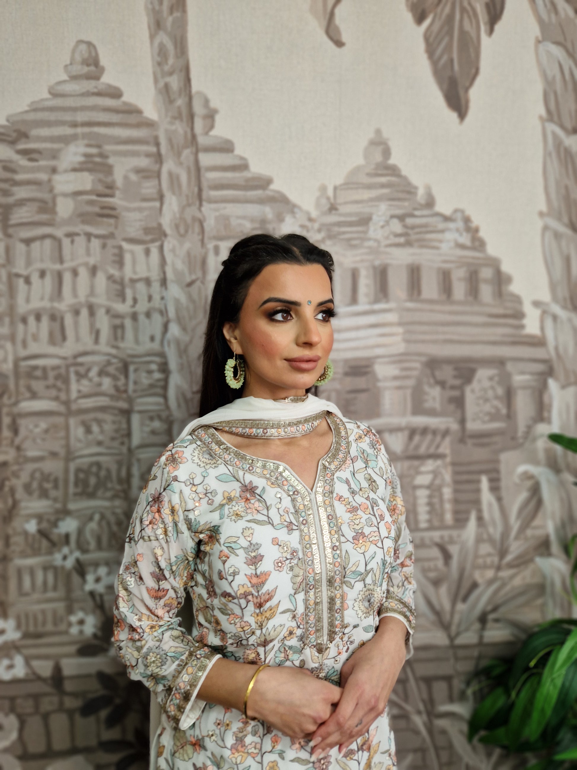 Luxury White Embroidered Sharara Suit (Size 12)