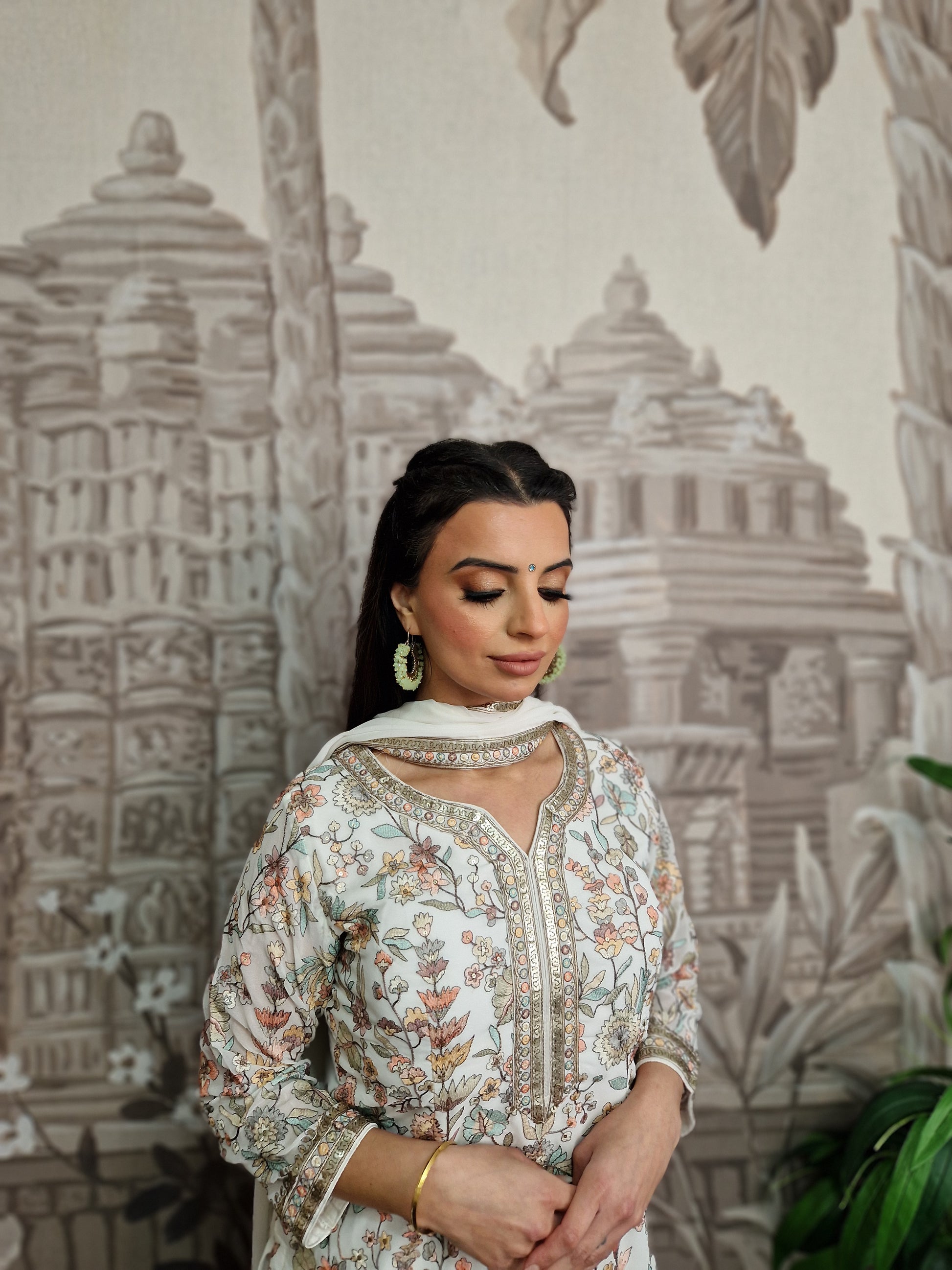 Luxury White Embroidered Sharara Suit (Size 12)