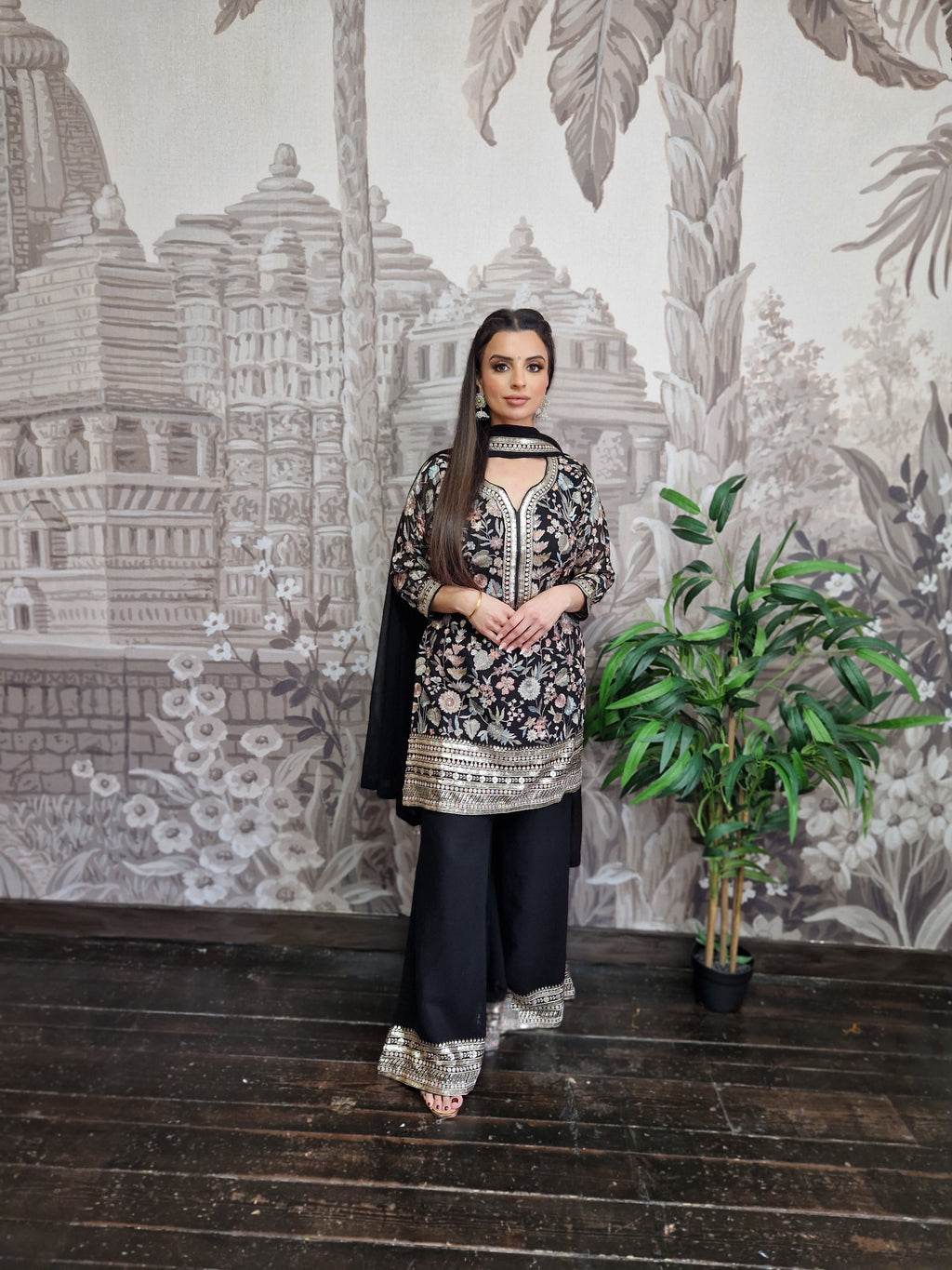 Luxury Black Embroidered Sharara Suit (Size 12)