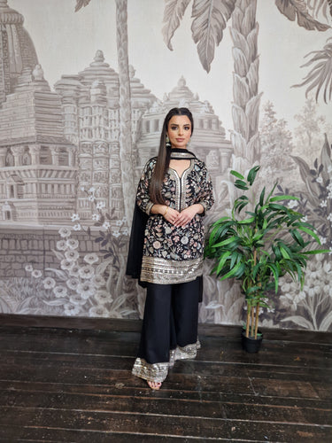 Luxury Black Embroidered Sharara Suit (Size 12)