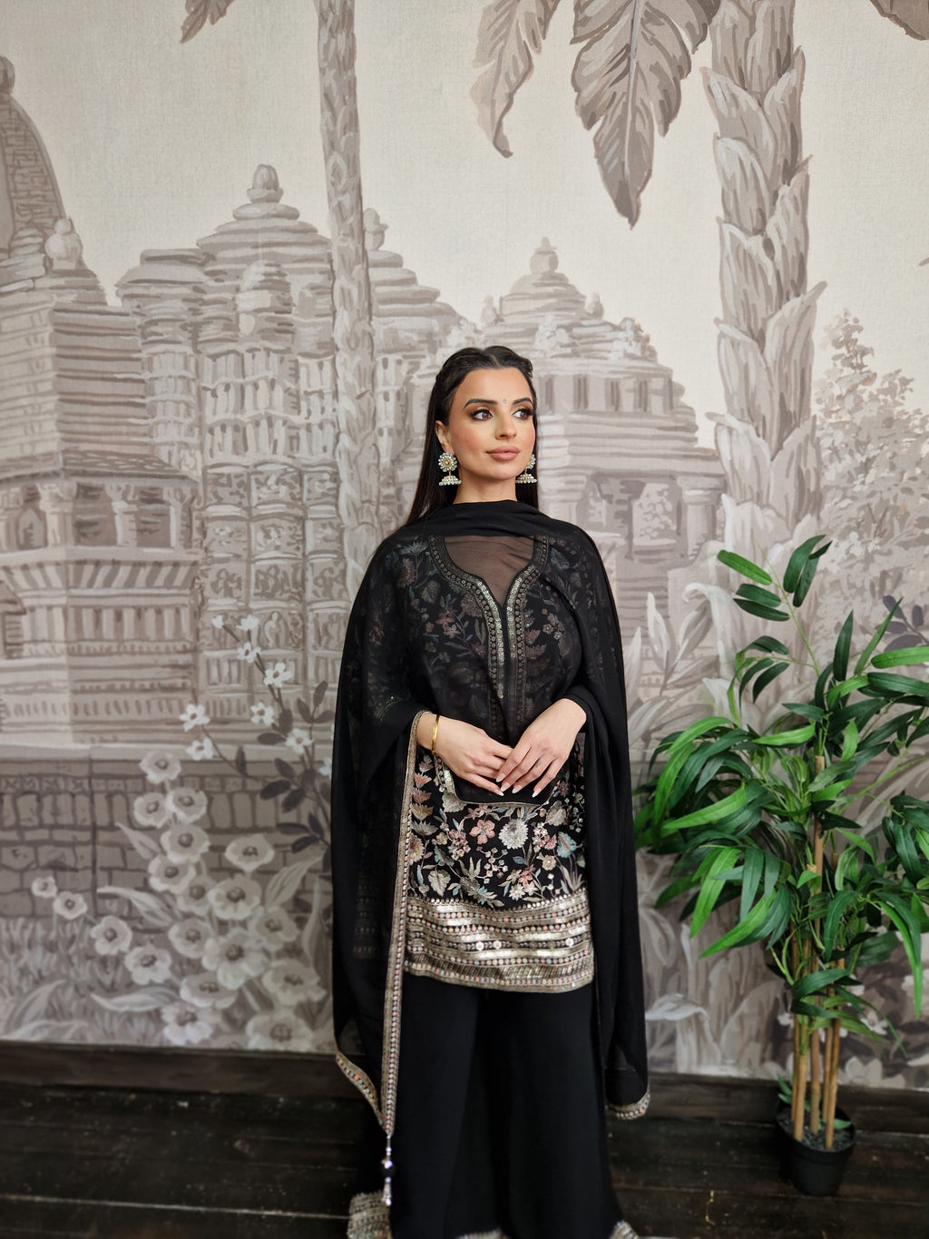 Luxury Black Embroidered Sharara Suit (Size 12)