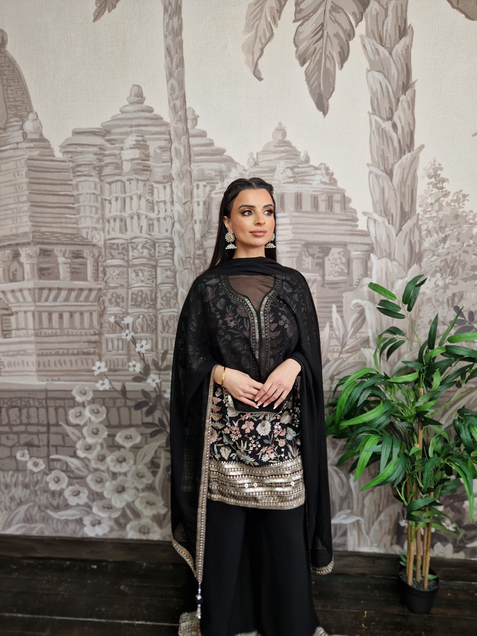 Luxury Black Embroidered Sharara Suit (Size 12)