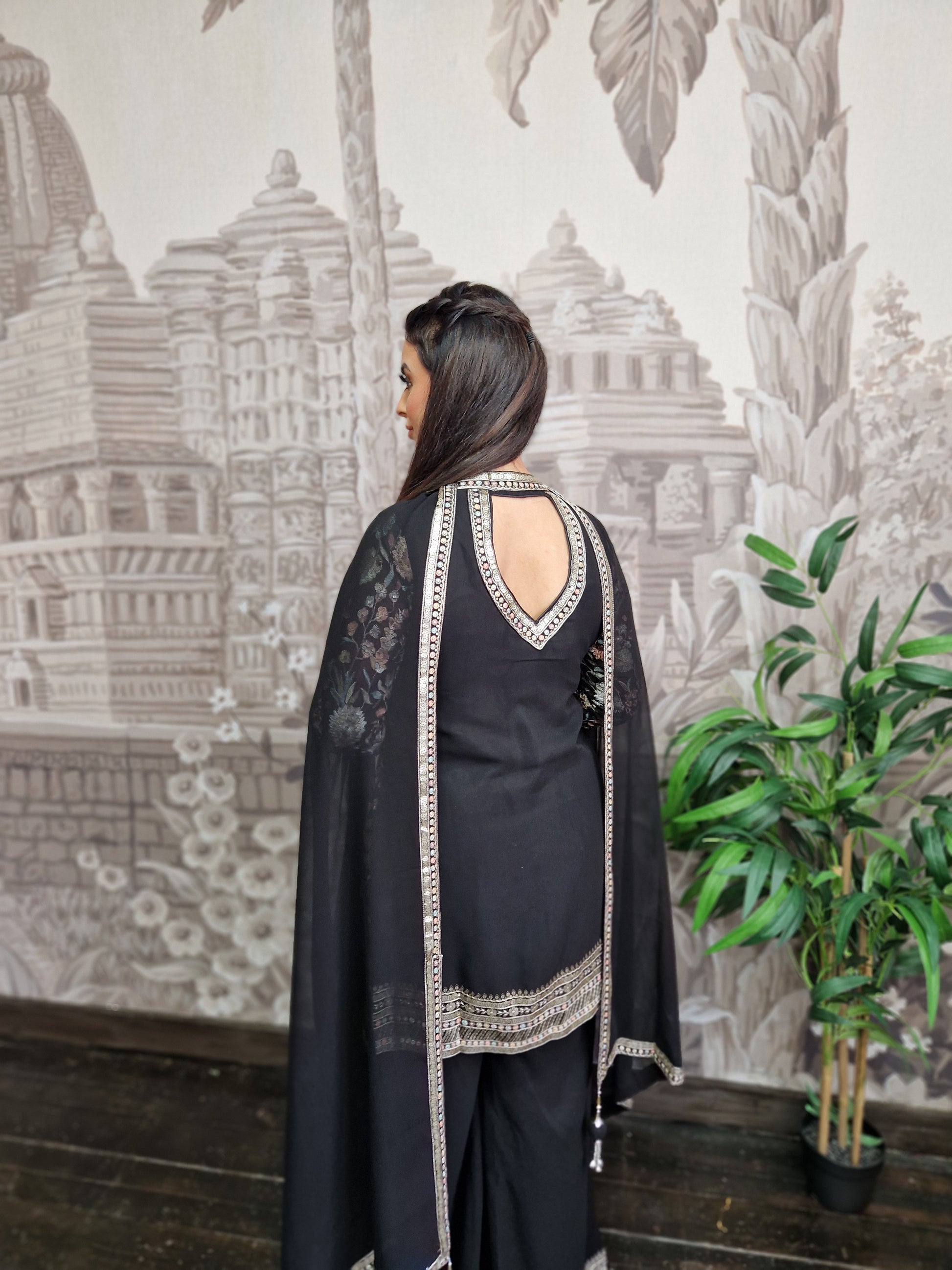 Luxury Black Embroidered Sharara Suit (Size 12)