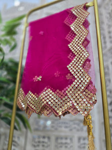 Bright Pink Net Sequin Dupatta/Chunni (Zig Zag mirror edging)