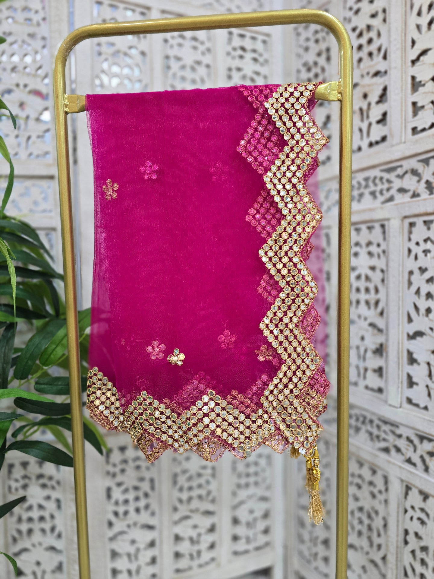 Bright Pink Net Sequin Dupatta/Chunni (Zig Zag mirror edging)