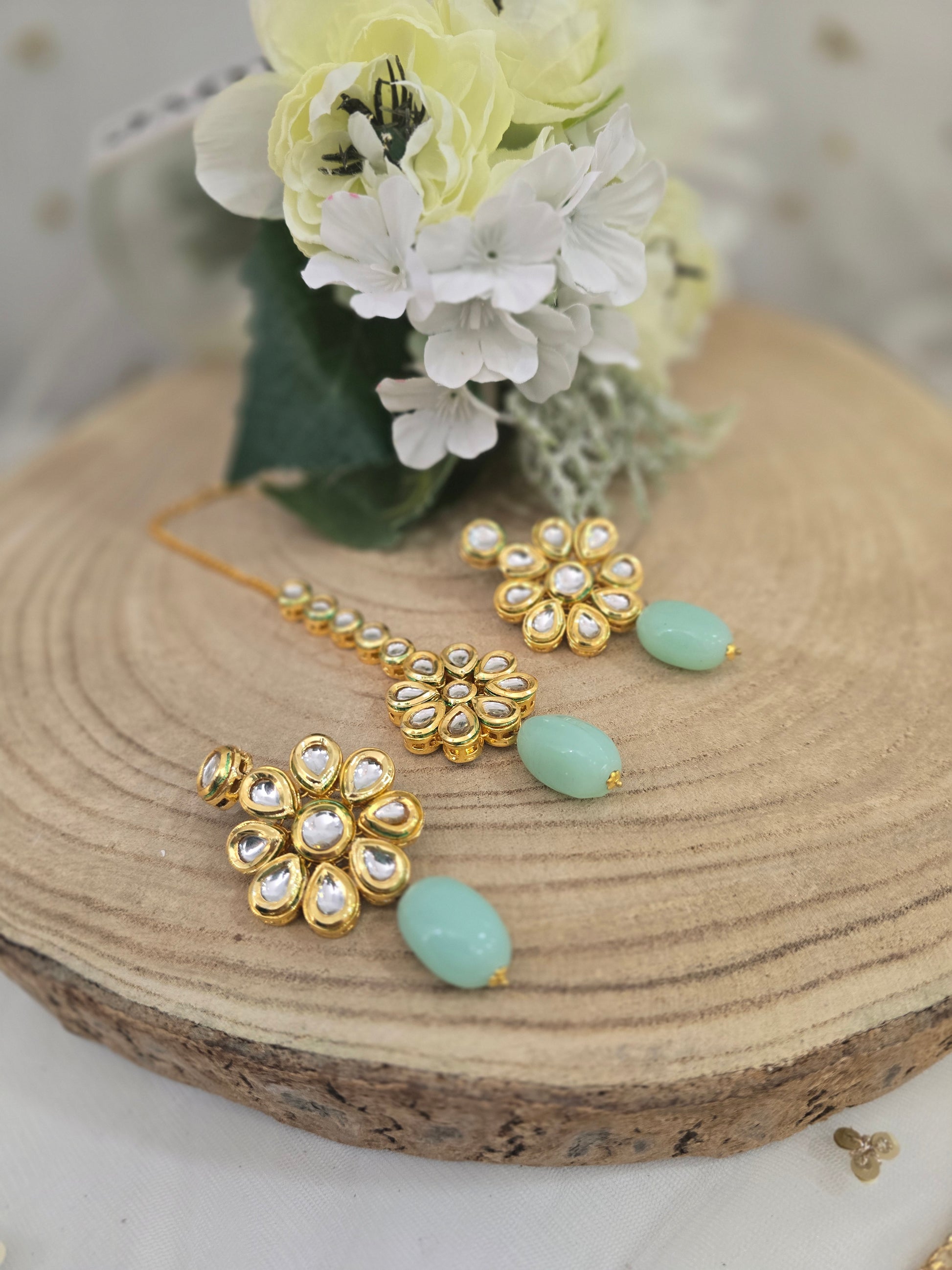 Shabana Kundan Mint Earrings & Tikka set