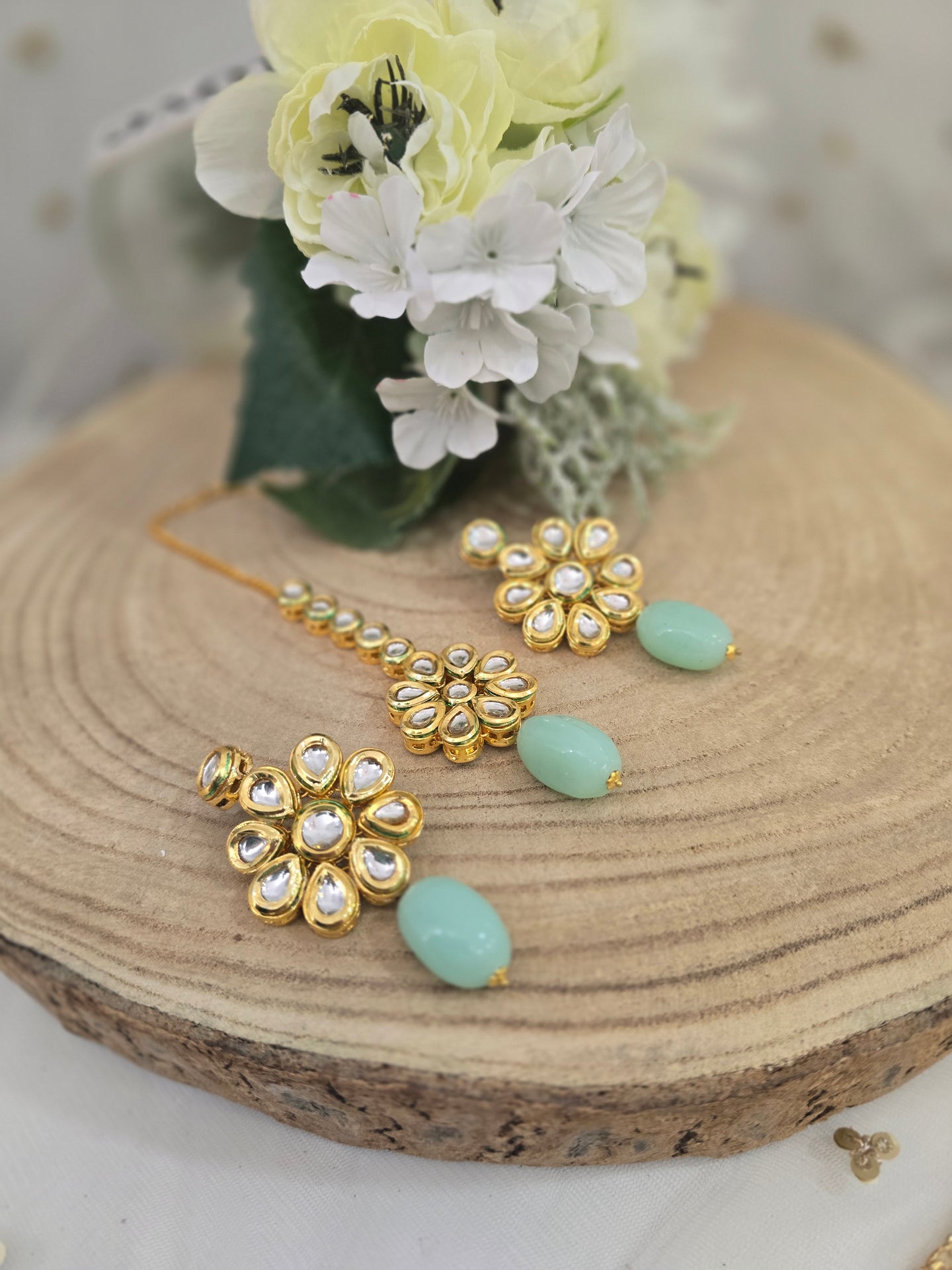 Shabana Kundan Mint Earrings & Tikka set