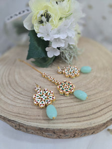 Shabana Kundan Mint Earrings & Tikka set