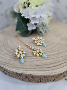 Small Shabana Kundan Mint Earrings & Tikka set