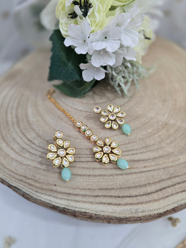 Small Shabana Kundan Mint Earrings & Tikka set