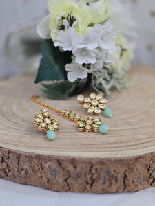 Small Shabana Kundan Mint Earrings & Tikka set