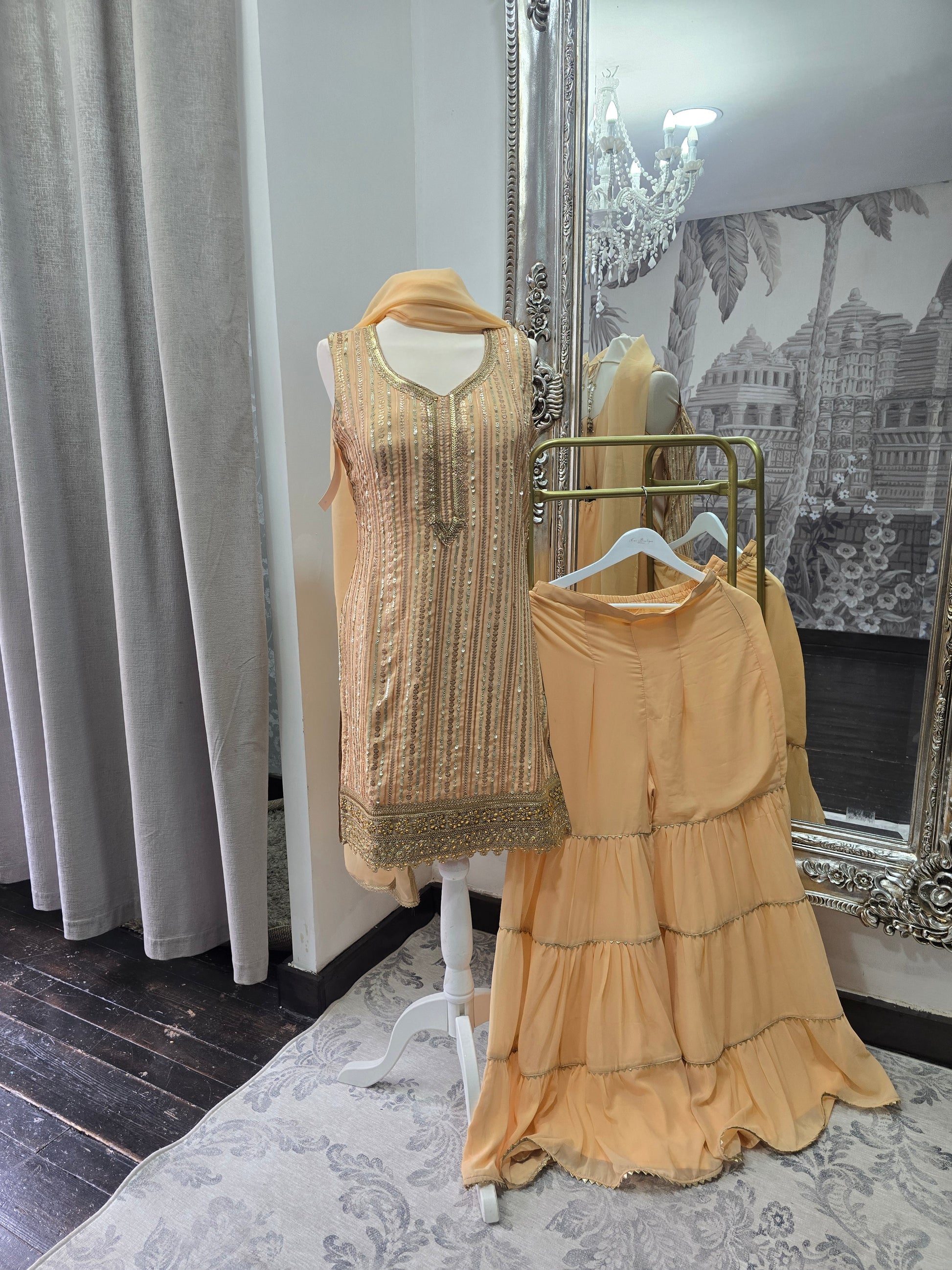 Peach & Gold Sharara Suit (Size 10-12)