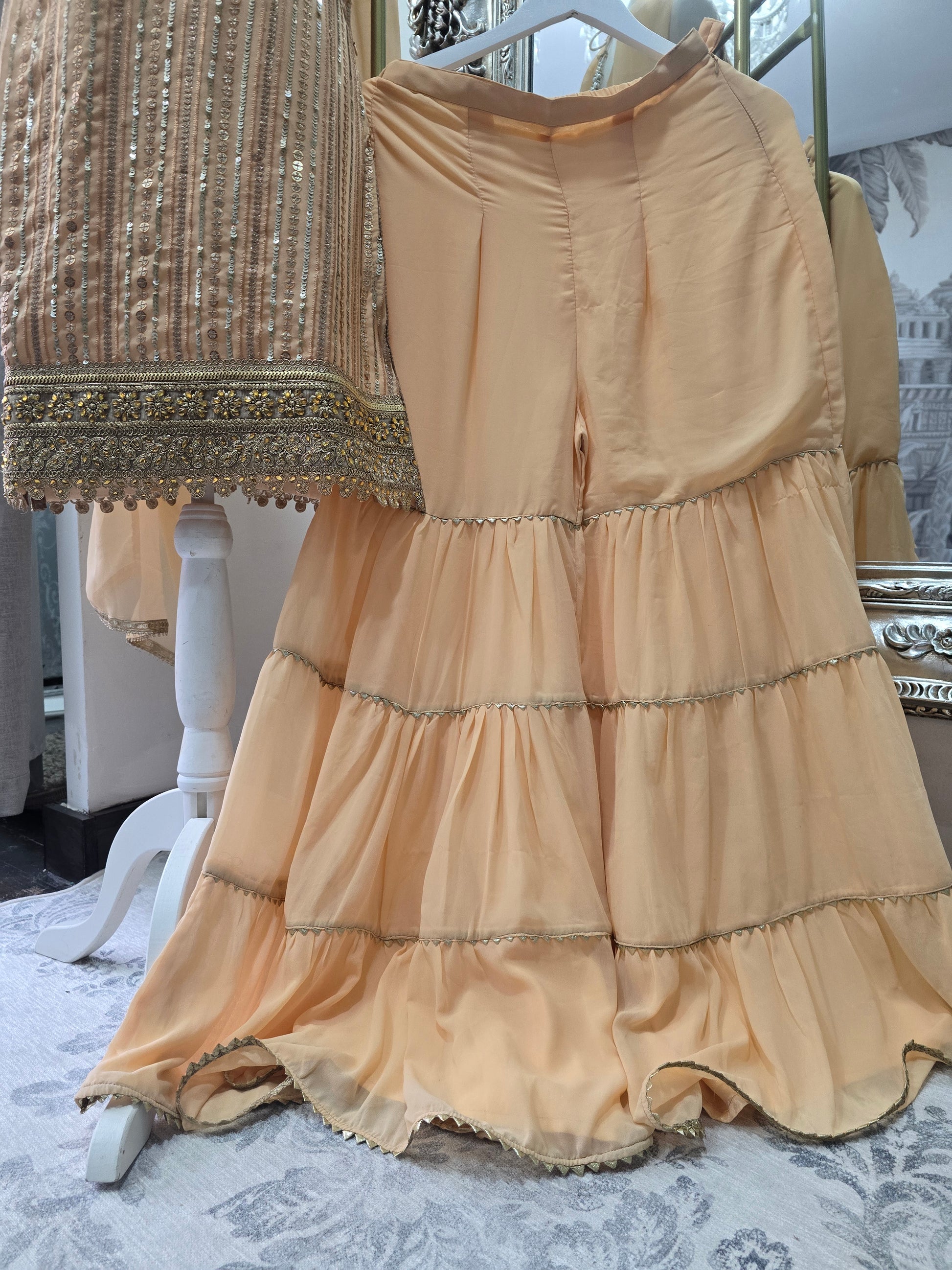 Peach & Gold Sharara Suit (Size 10-12)