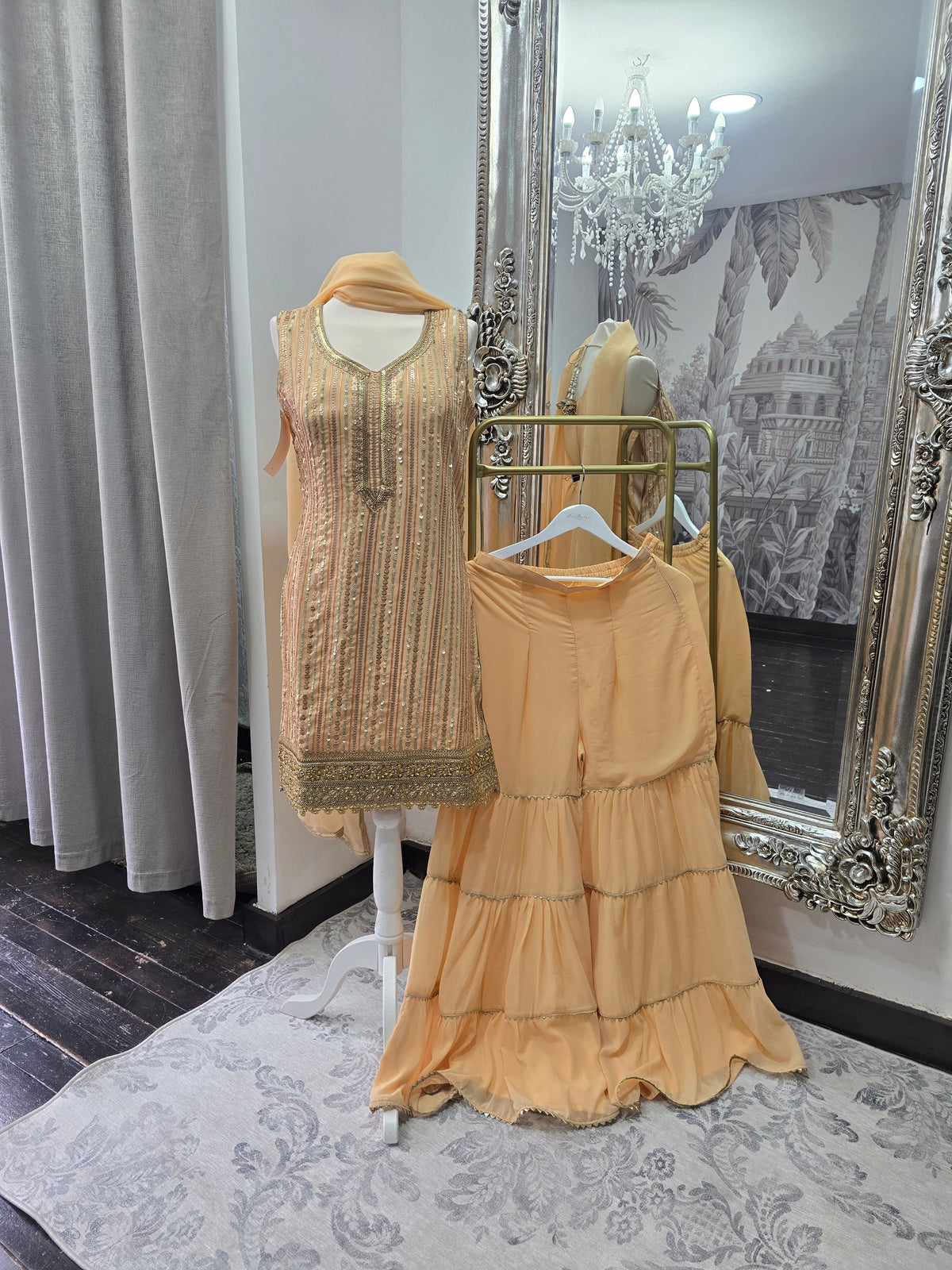 Peach & Gold Sharara Suit (Size 10-12)