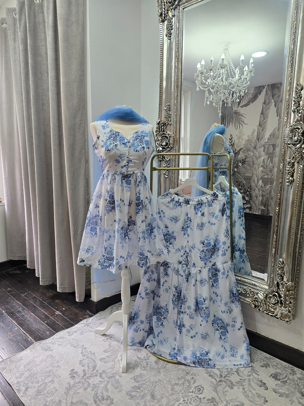 Blue & White Floral Print Gharara Suit (Size 10-12)