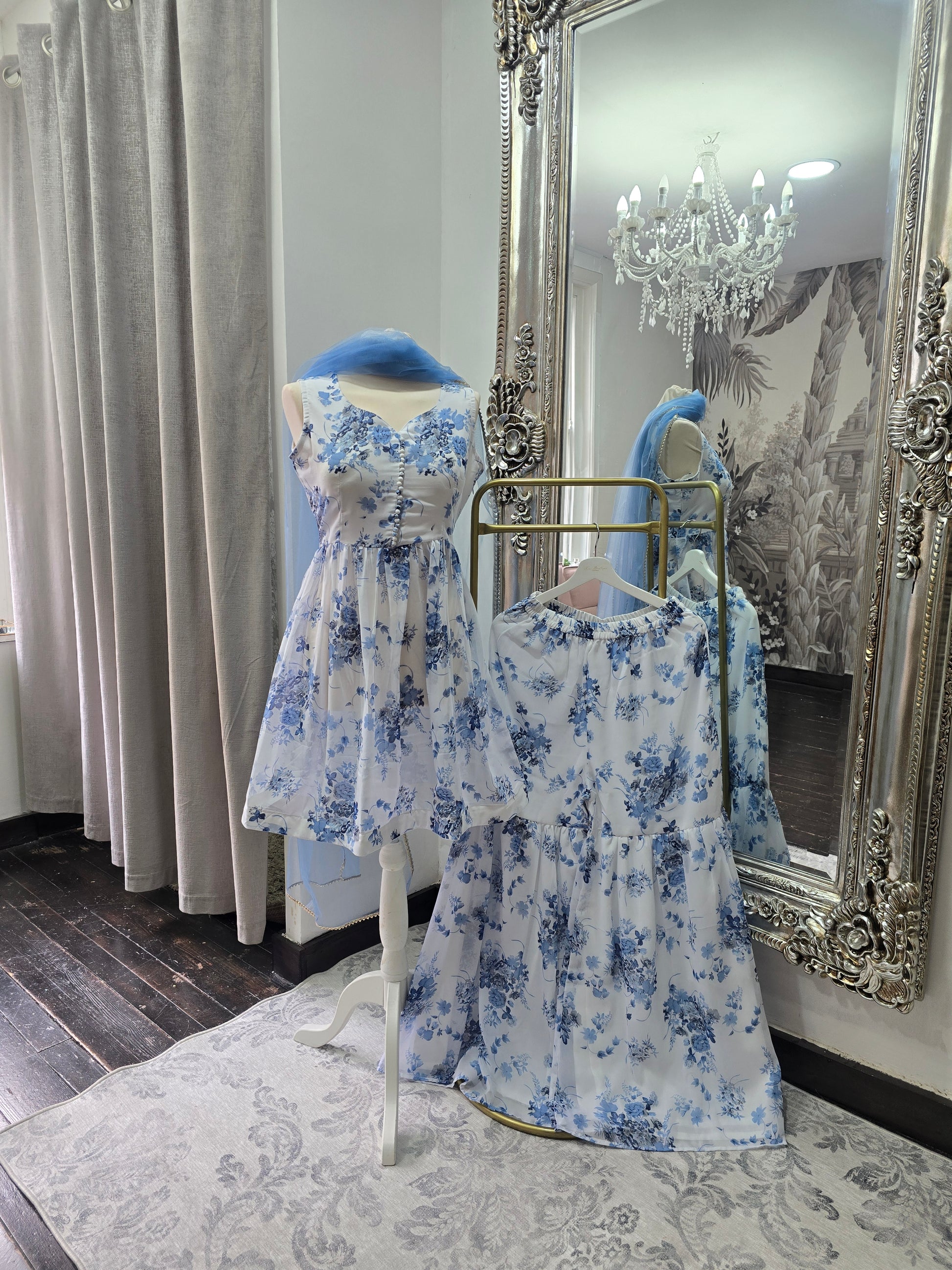 Blue & White Floral Print Gharara Suit (Size 10-12)