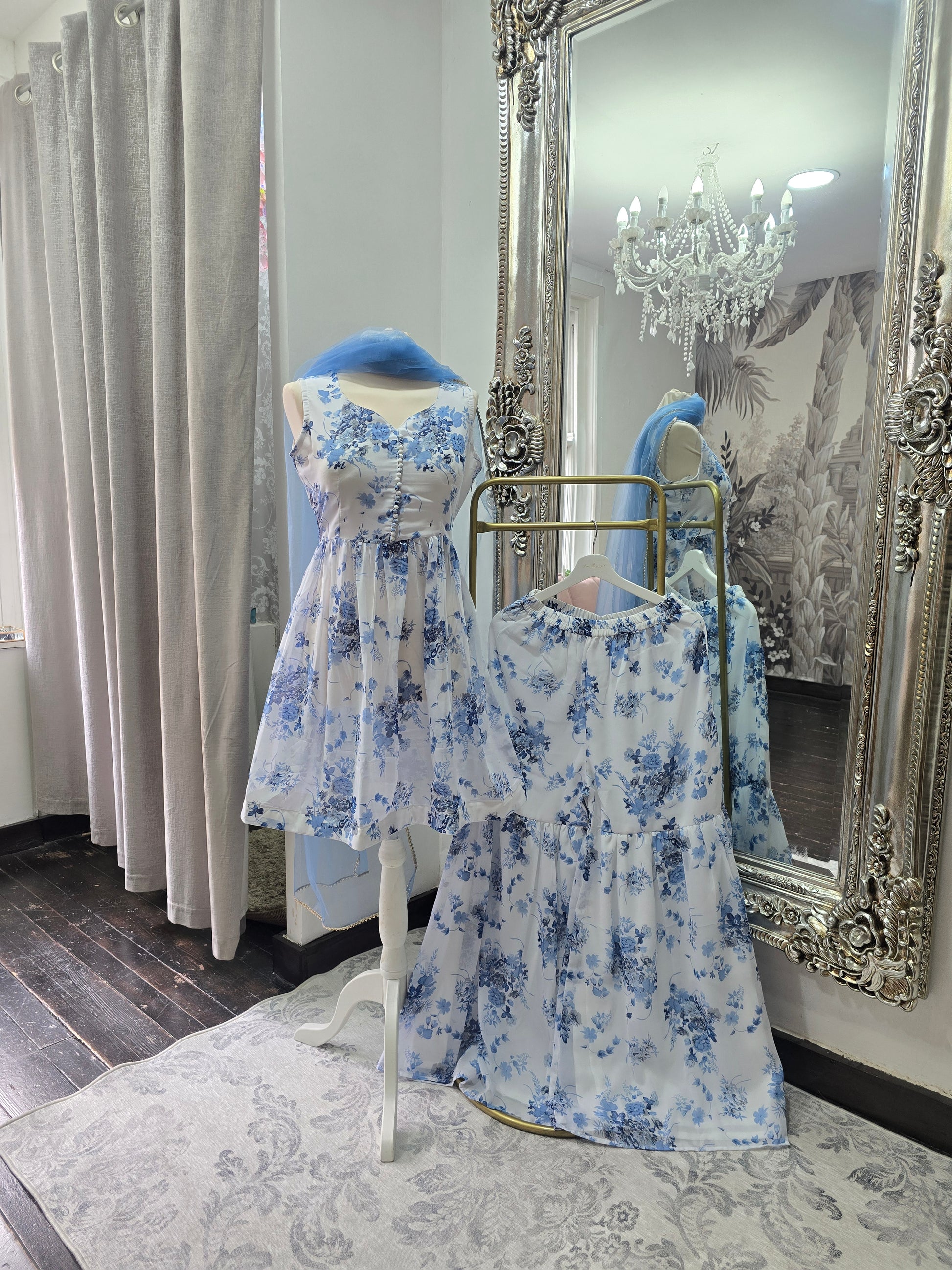 Blue & White Floral Print Gharara Suit (Size 10-12)