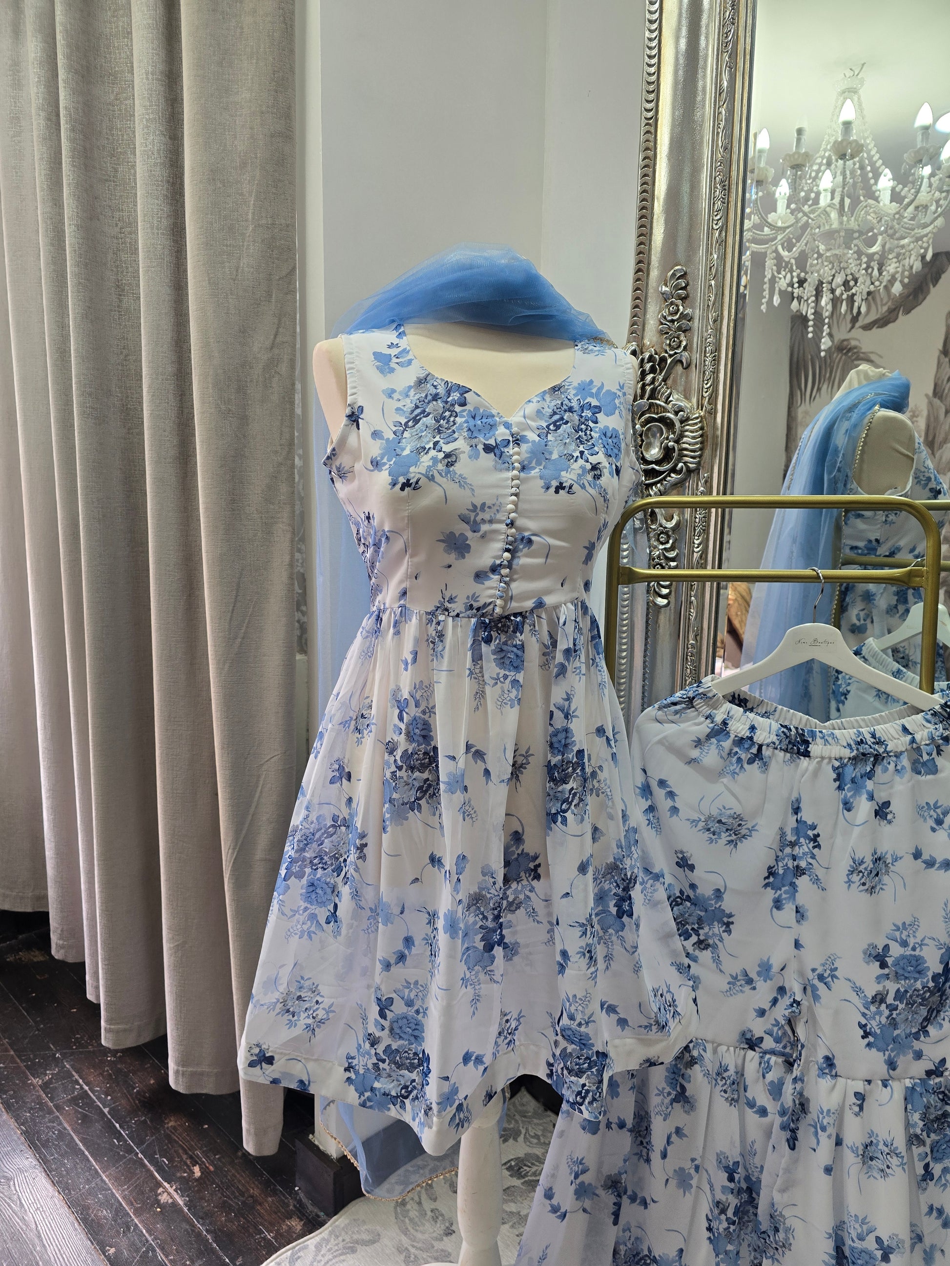 Blue & White Floral Print Gharara Suit (Size 10-12)