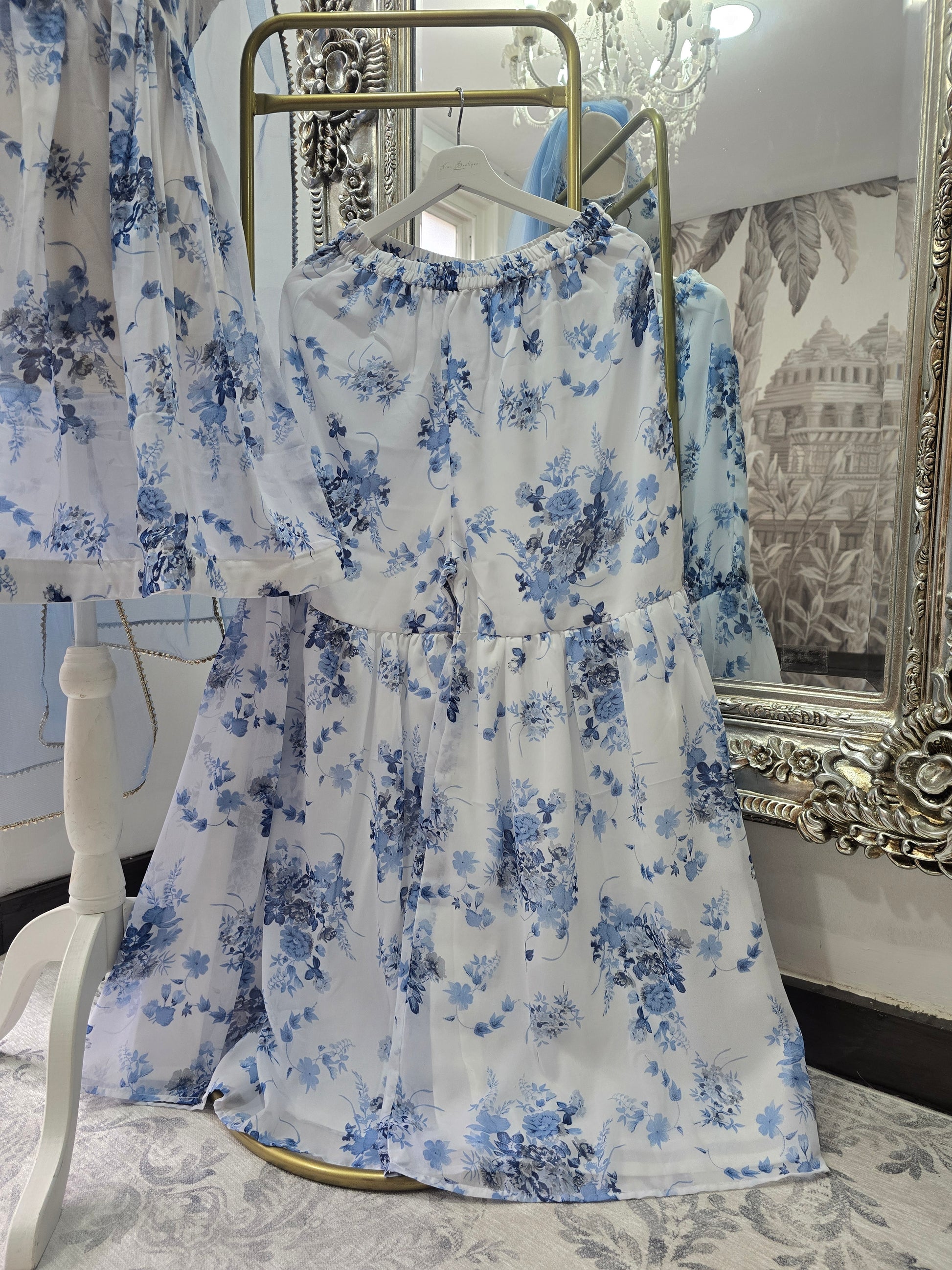 Blue & White Floral Print Gharara Suit (Size 10-12)