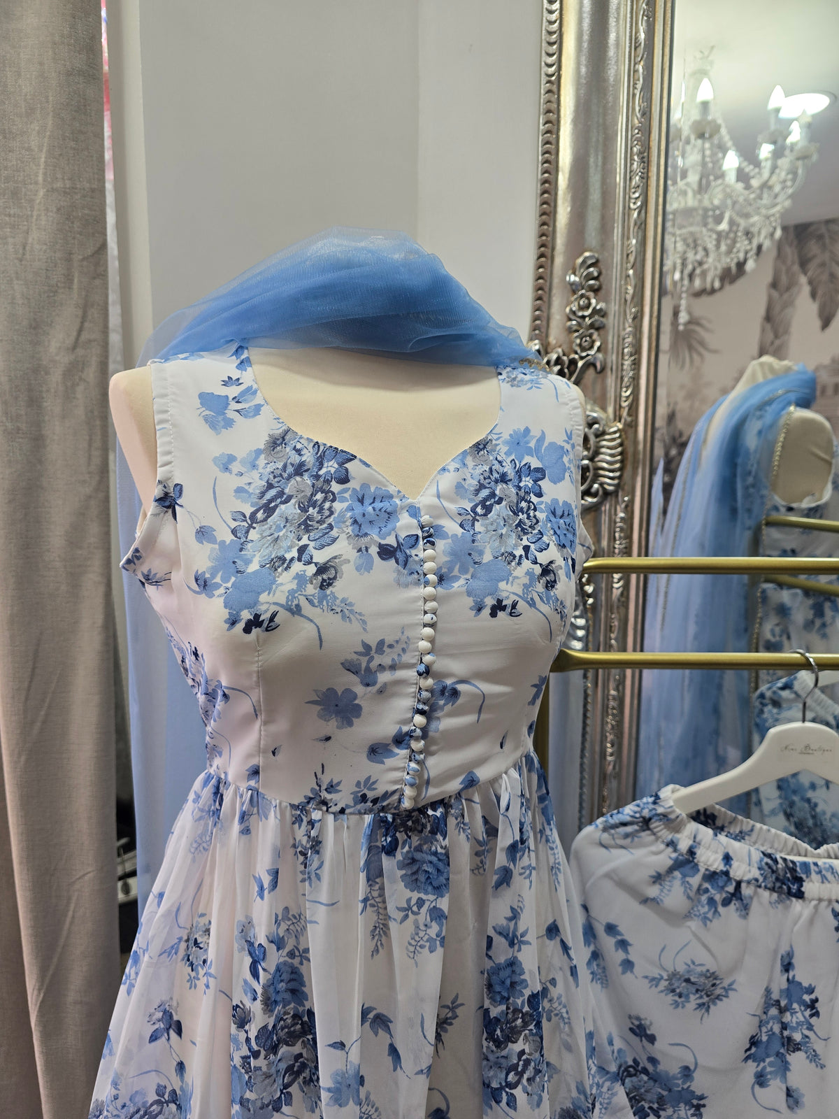 Blue & White Floral Print Gharara Suit (Size 10-12)