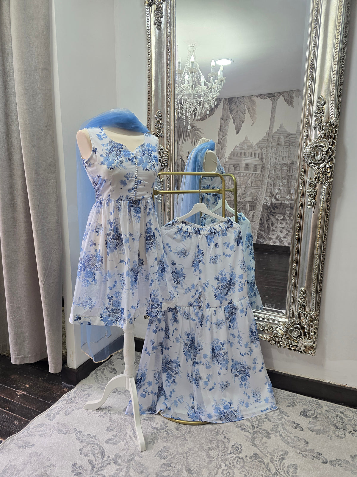 Blue & White Floral Print Gharara Suit (Size 10-12)