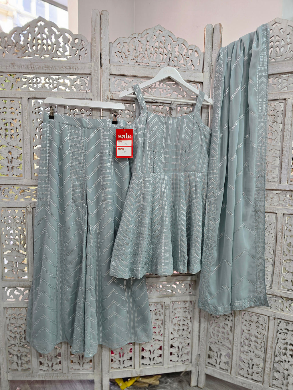 Dusky Blue Sequin Sharara Suit (Size 12)